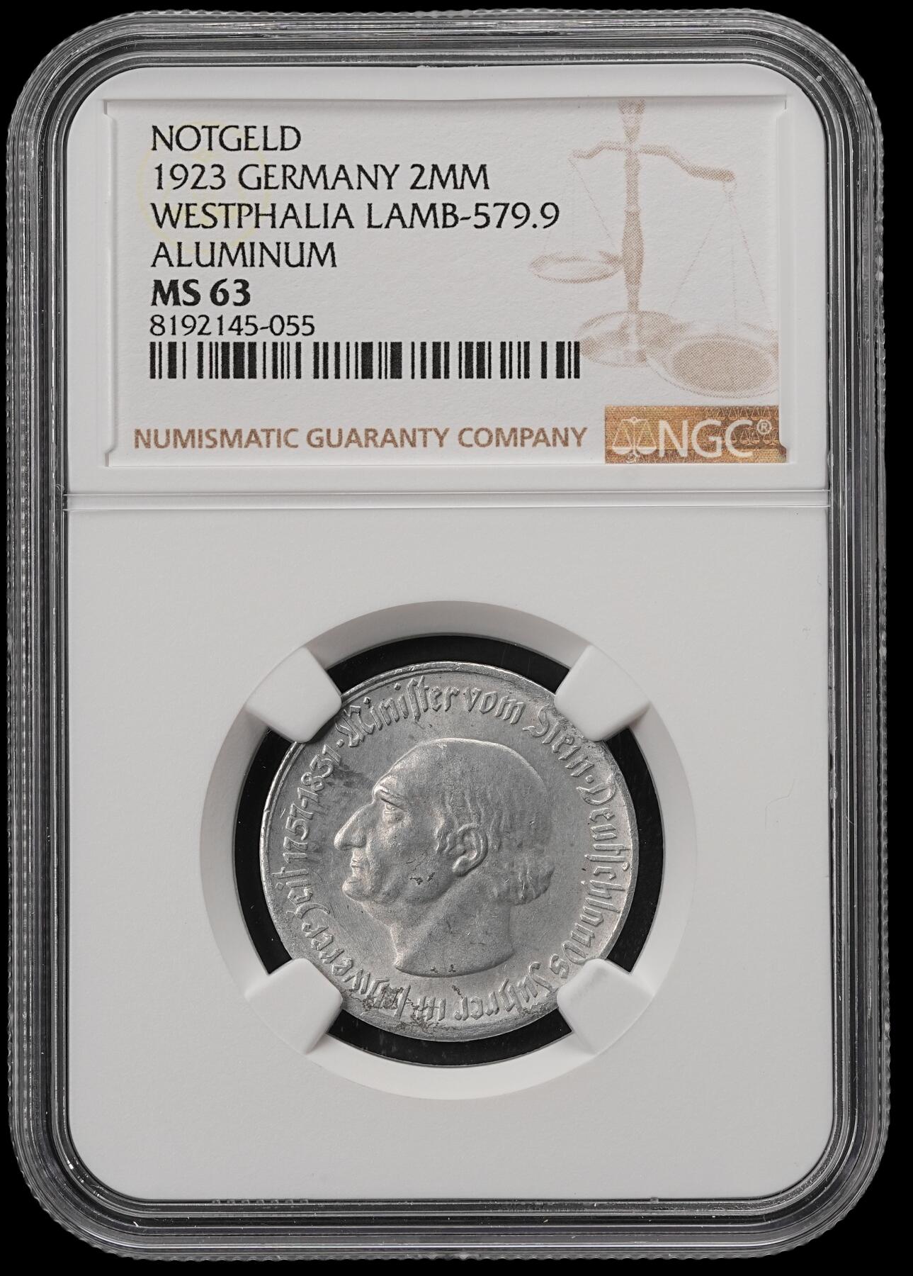修遠堂世界钱币第五十六期 全场包邮 蛇年首拍 NGC MS63 1923年德国紧急时期威斯特法伦200万马克铝马币