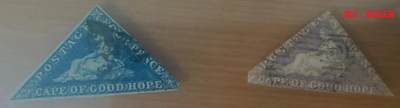 世界第一邮票——世界上首套三角形邮票，好望角希望女神邮票，1853年-1855年，蓝色4便士与紫色4便士两枚旧 （店内编号53） 世界第一邮票——世界上首套三角形邮票，好望角希望女神邮票，1853年-1855年，蓝色4便士与紫色4便士两枚旧 （店内编号53）