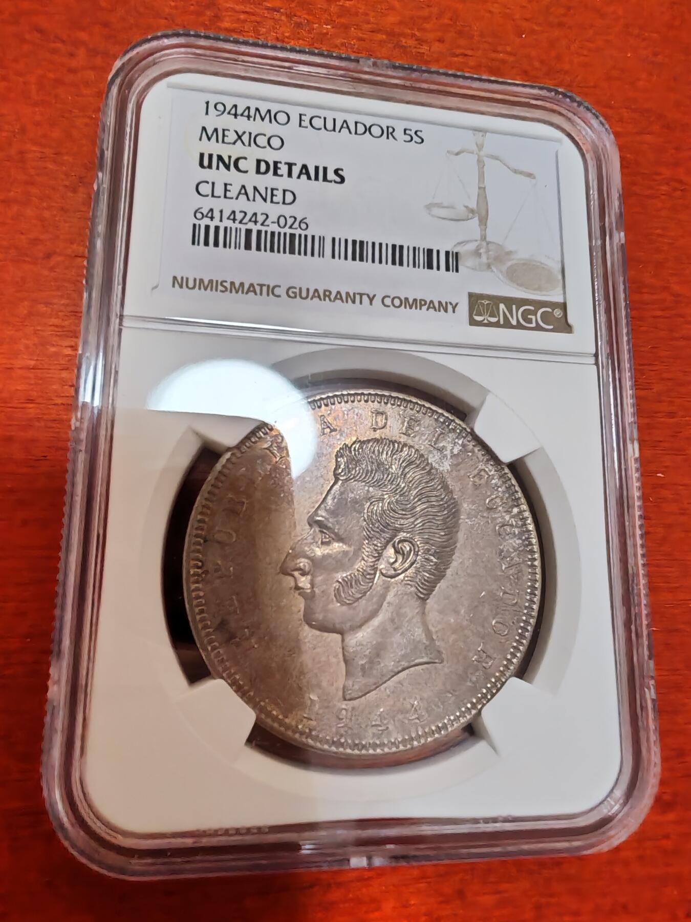长老汇龙年精选第四十八场拍卖 1944MO 厄瓜多尔5苏克雷大银币，NGC UNC