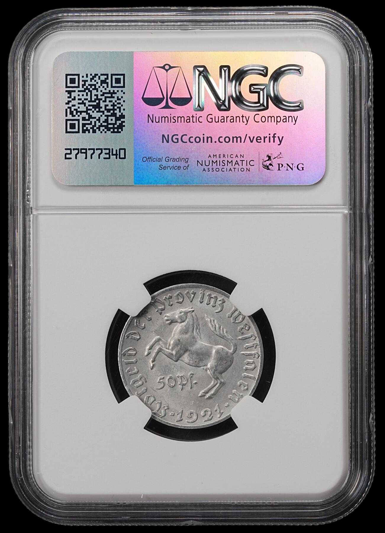 修遠堂世界钱币第五十六期 全场包邮 蛇年首拍 NGC MS63 1921年德国紧急时期威斯特法伦50芬尼铝马币
