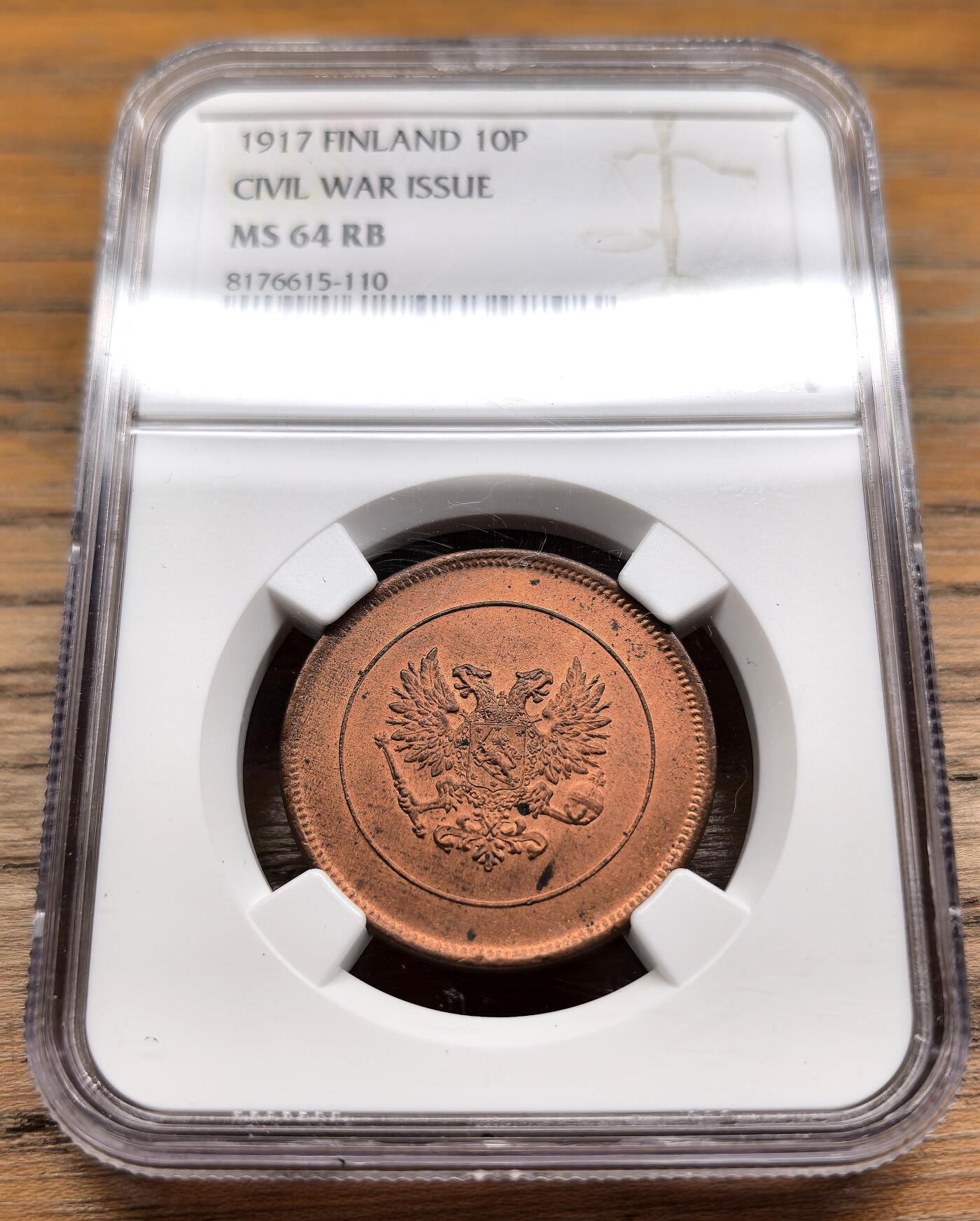 迎新专场，年货大集！凡希社世界钱币微拍第二百九十六期 1917芬兰内战10盆尼NGC-MS64