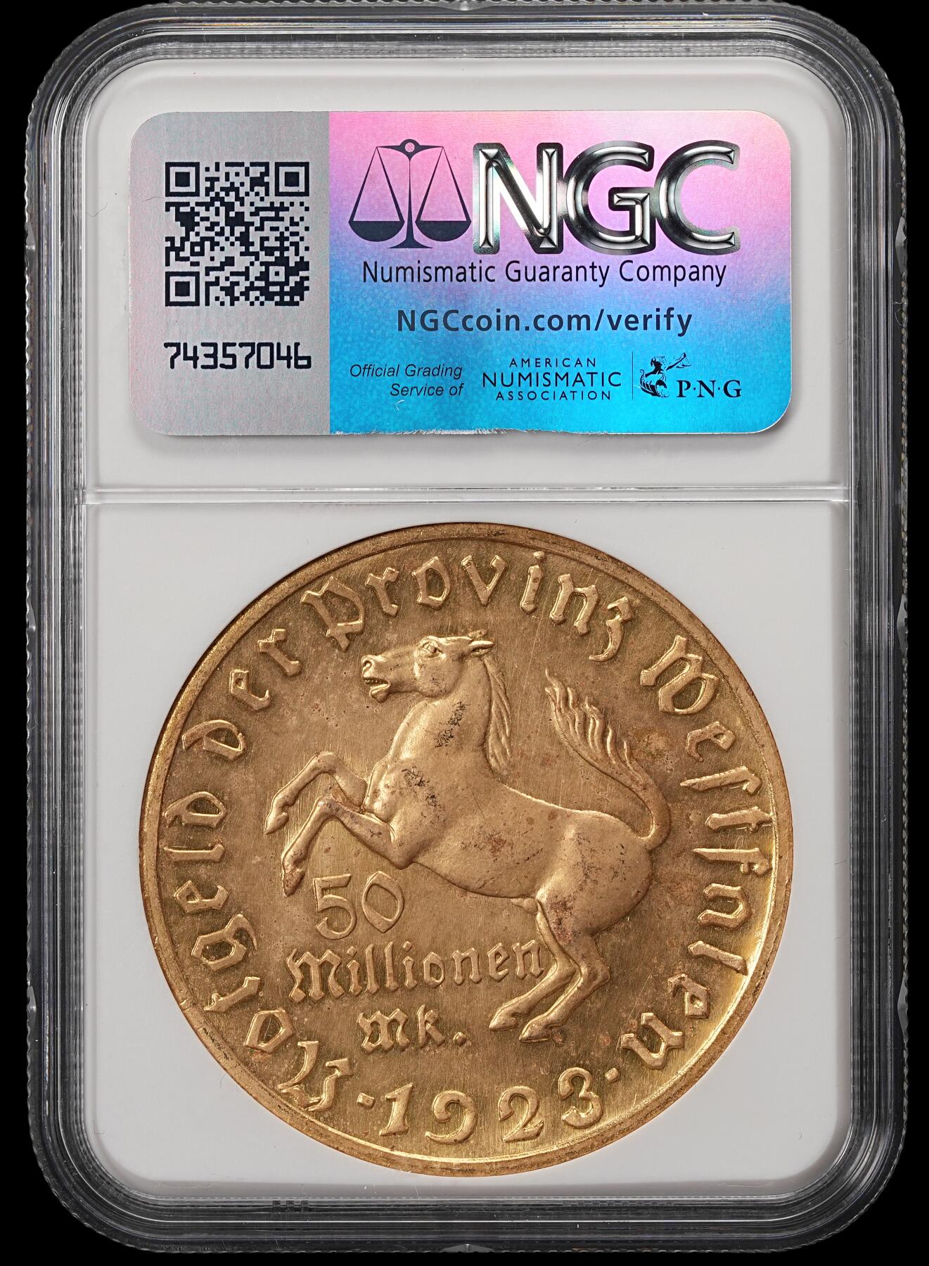 修遠堂世界钱币第五十六期 全场包邮 蛇年首拍 NGC MS63 1923年德国紧急时期威斯特法伦5000万马克铜鎏金马币
