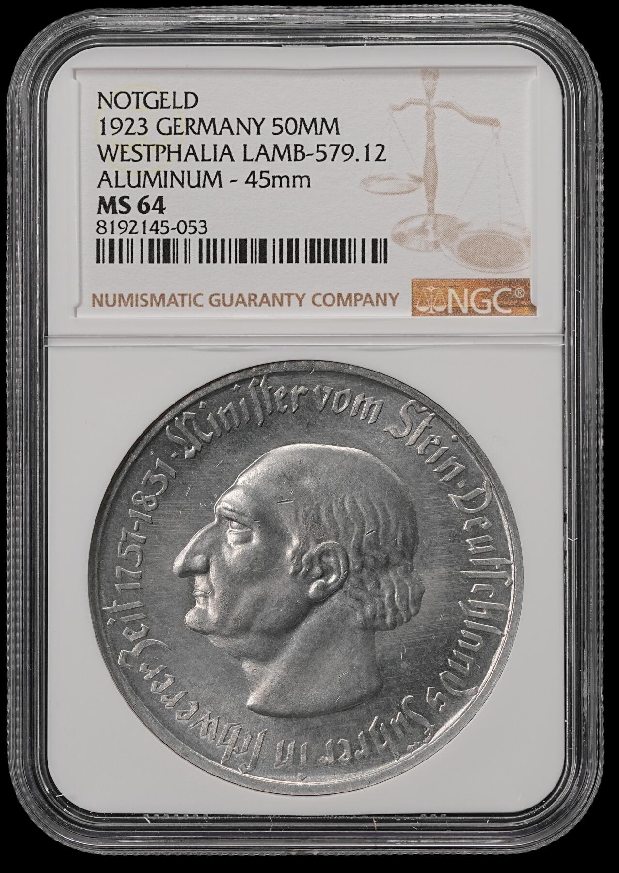 修遠堂世界钱币第五十六期 全场包邮 蛇年首拍 NGC MS64 1923年德国紧急时期威斯特法伦5000万马克铝马币 大型