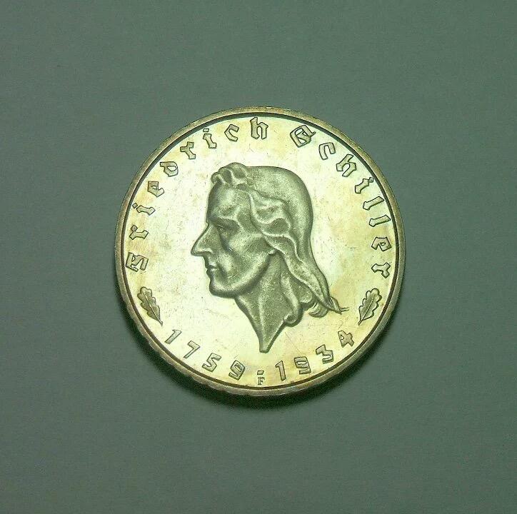 德国第三帝国1934年席勒2马克纪念银币 稀少精制PROOF版 黄金包浆