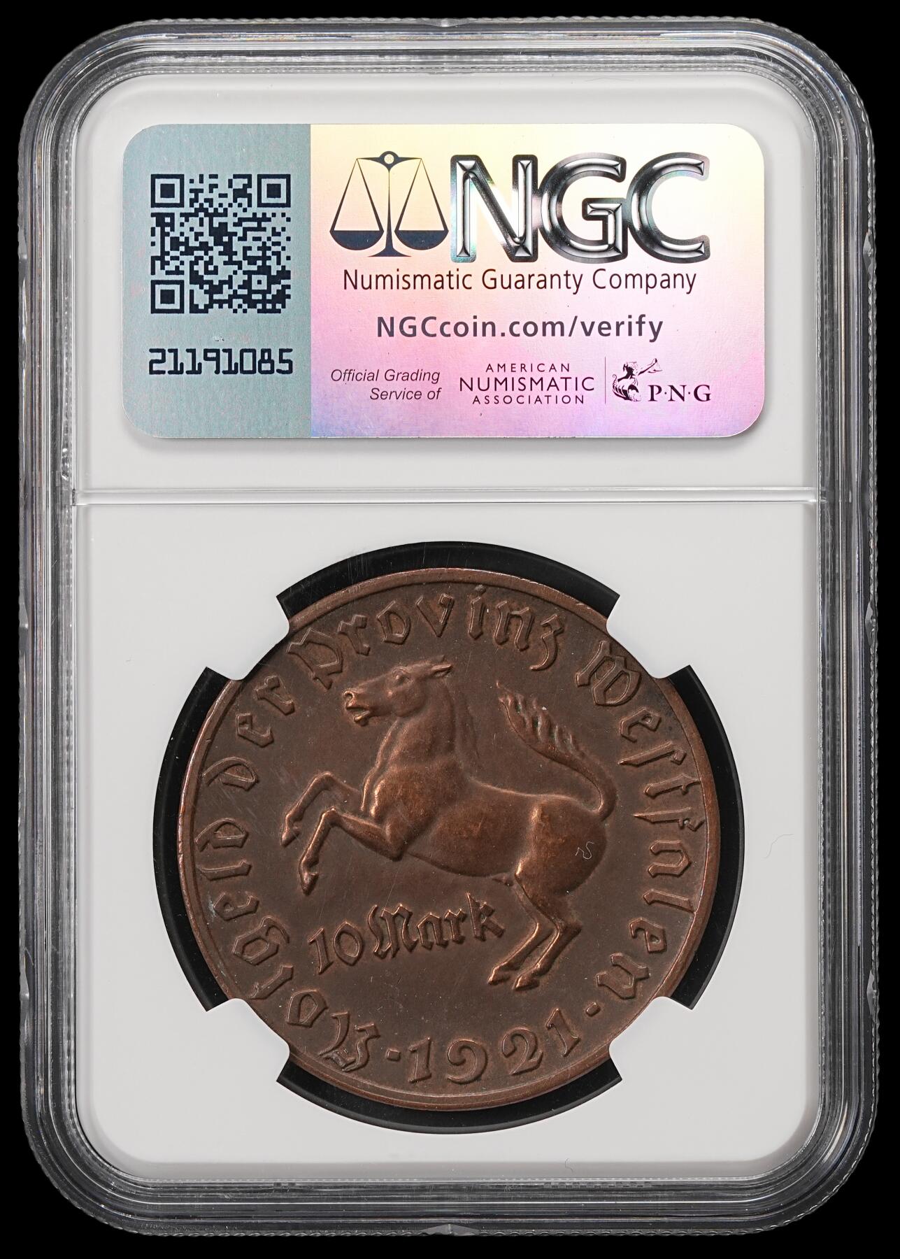 修遠堂世界钱币第五十六期 全场包邮 蛇年首拍 NGC MS62BN 1921年德国紧急时期威斯特法伦10马克铜马币