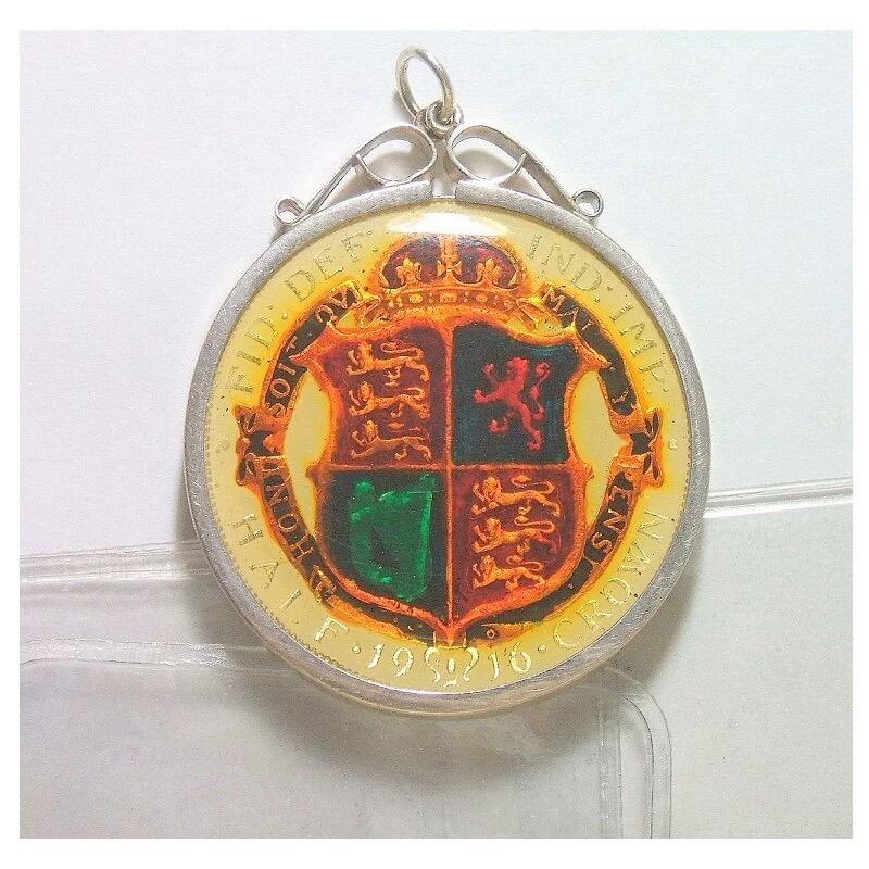 英国1916年乔治五世银币 珐琅彩镀金高浮雕精制银币章吊坠 33MM