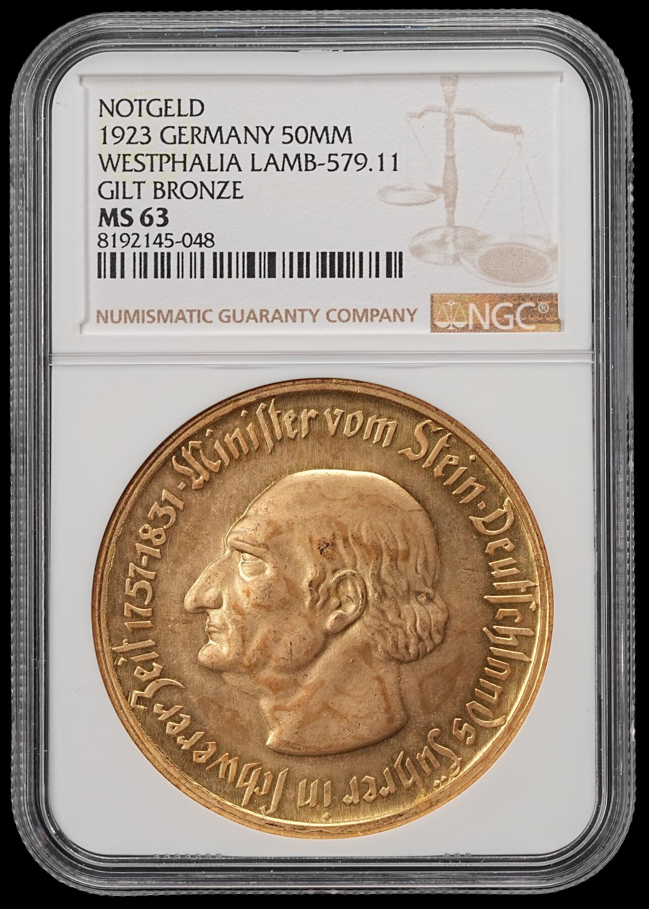 修遠堂世界钱币第五十六期 全场包邮 蛇年首拍 NGC MS63 1923年德国紧急时期威斯特法伦5000万马克铜鎏金马币
