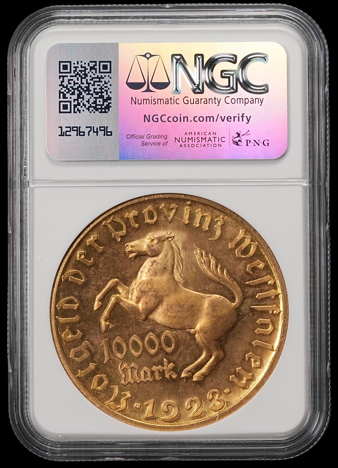 修遠堂世界钱币第五十六期 全场包邮 蛇年首拍 NGC MS64 1923年德国紧急时期威斯特法伦1万马克铜鎏金大马币
