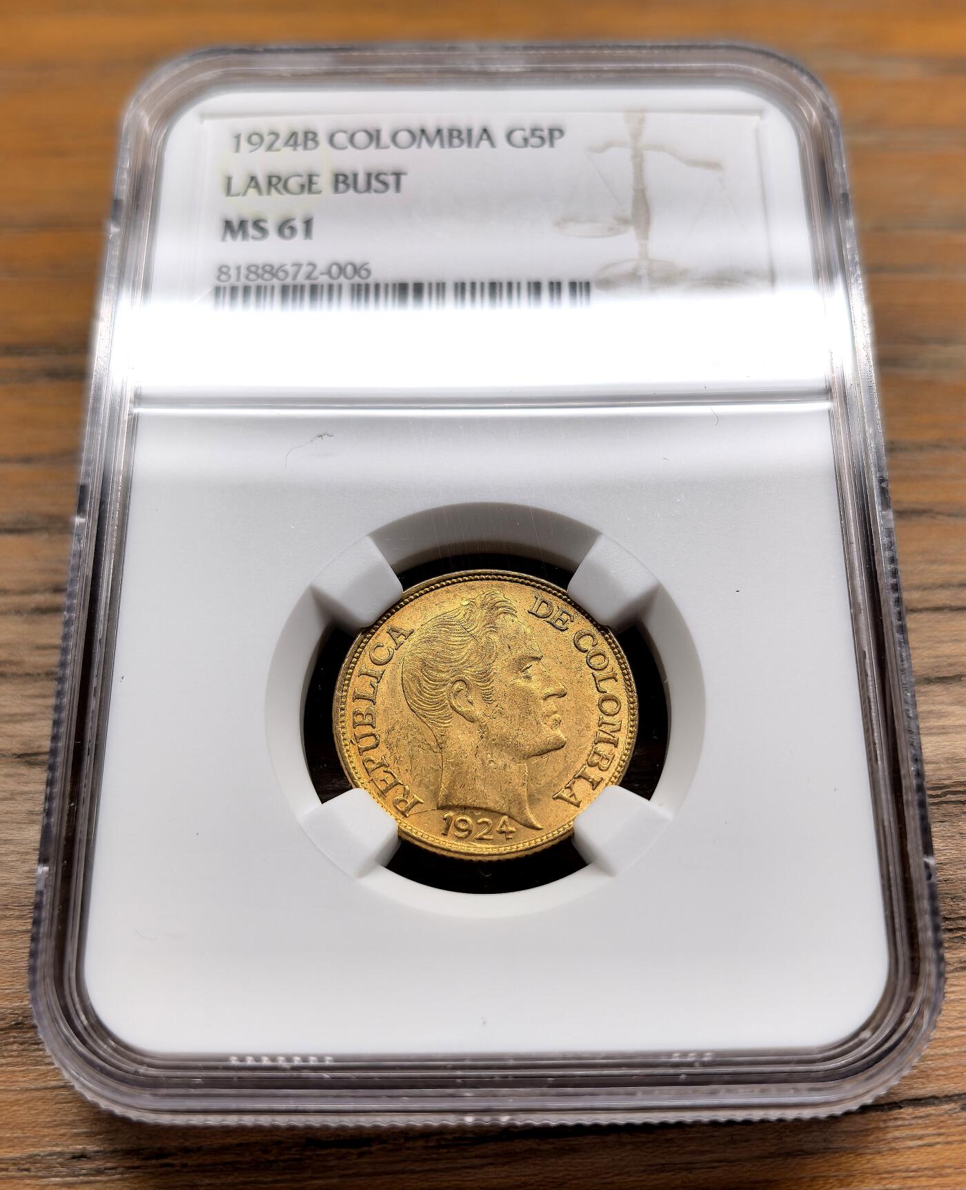 迎新专场，年货大集！凡希社世界钱币微拍第二百九十六期 1924B哥伦比亚5比索金币NGC-MS61，7.988g，917金。