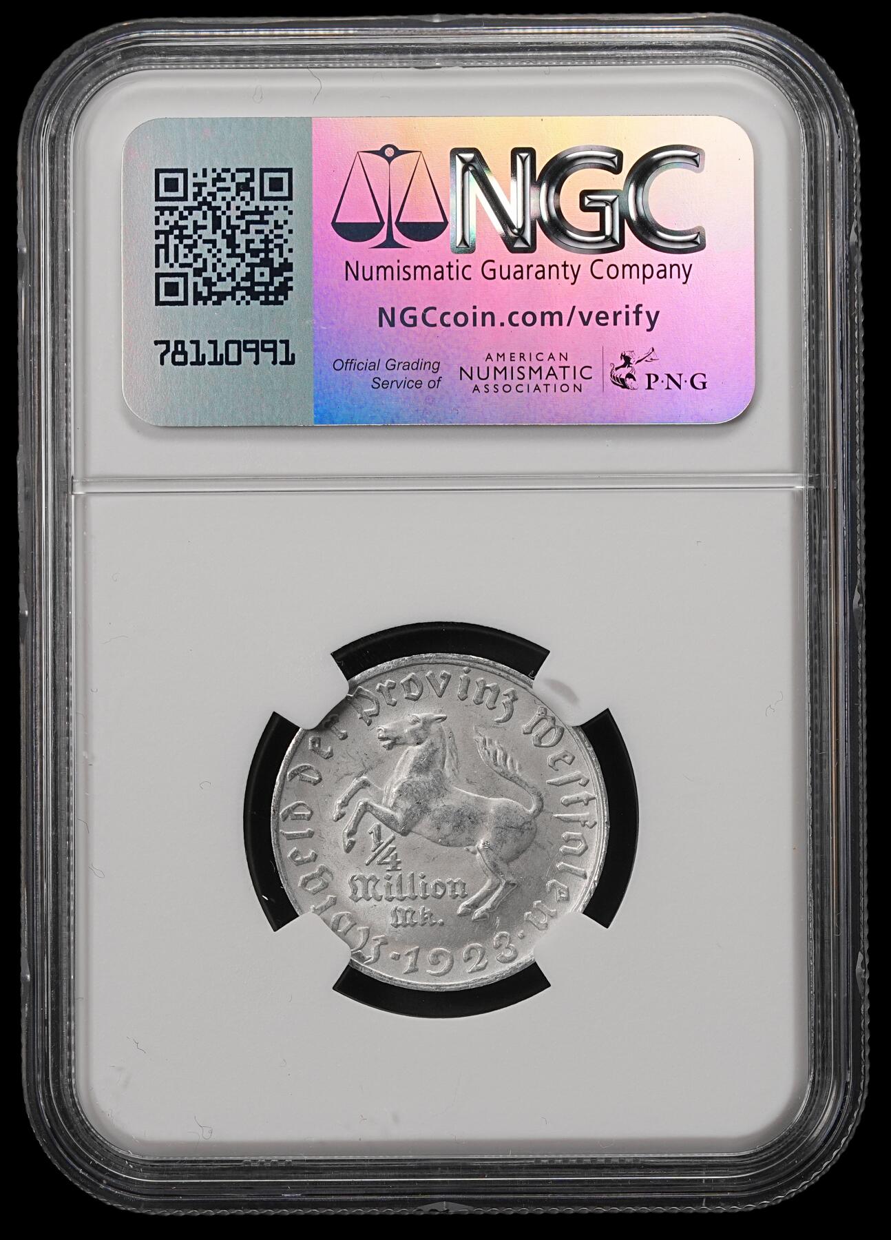 修遠堂世界钱币第五十六期 全场包邮 蛇年首拍 NGC MS63 1923年德国紧急时期威斯特法伦25万马克铝马币