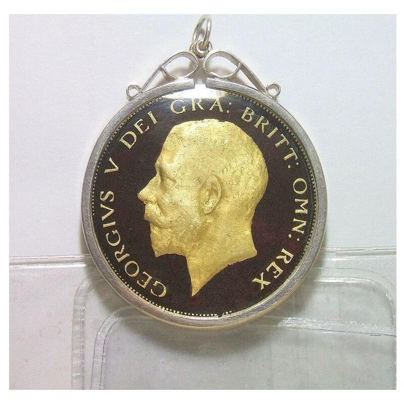 英国1916年乔治五世银币 珐琅彩镀金高浮雕精制银币章吊坠 33MM