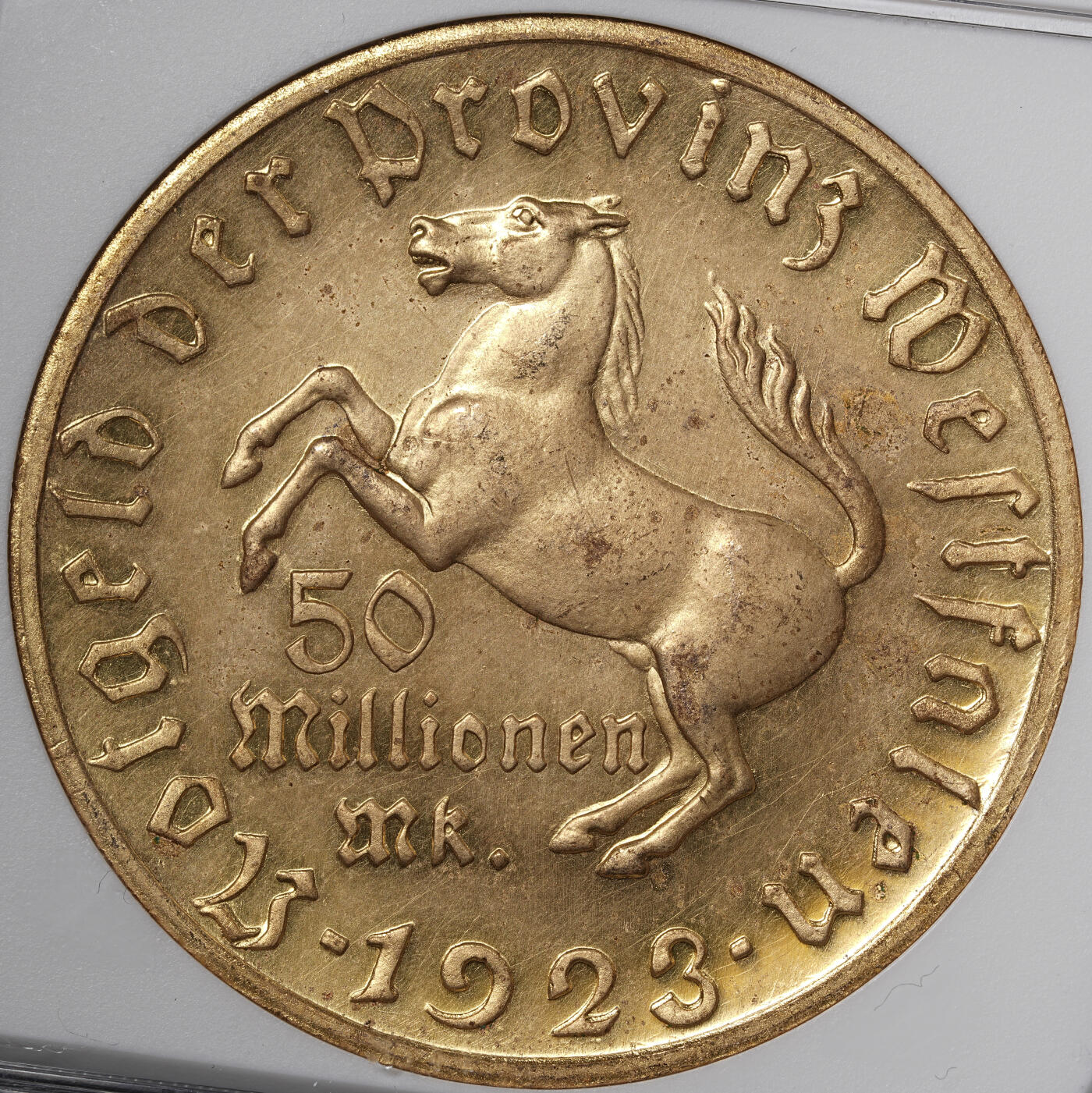 修遠堂世界钱币第五十六期 全场包邮 蛇年首拍 NGC MS63 1923年德国紧急时期威斯特法伦5000万马克铜鎏金马币