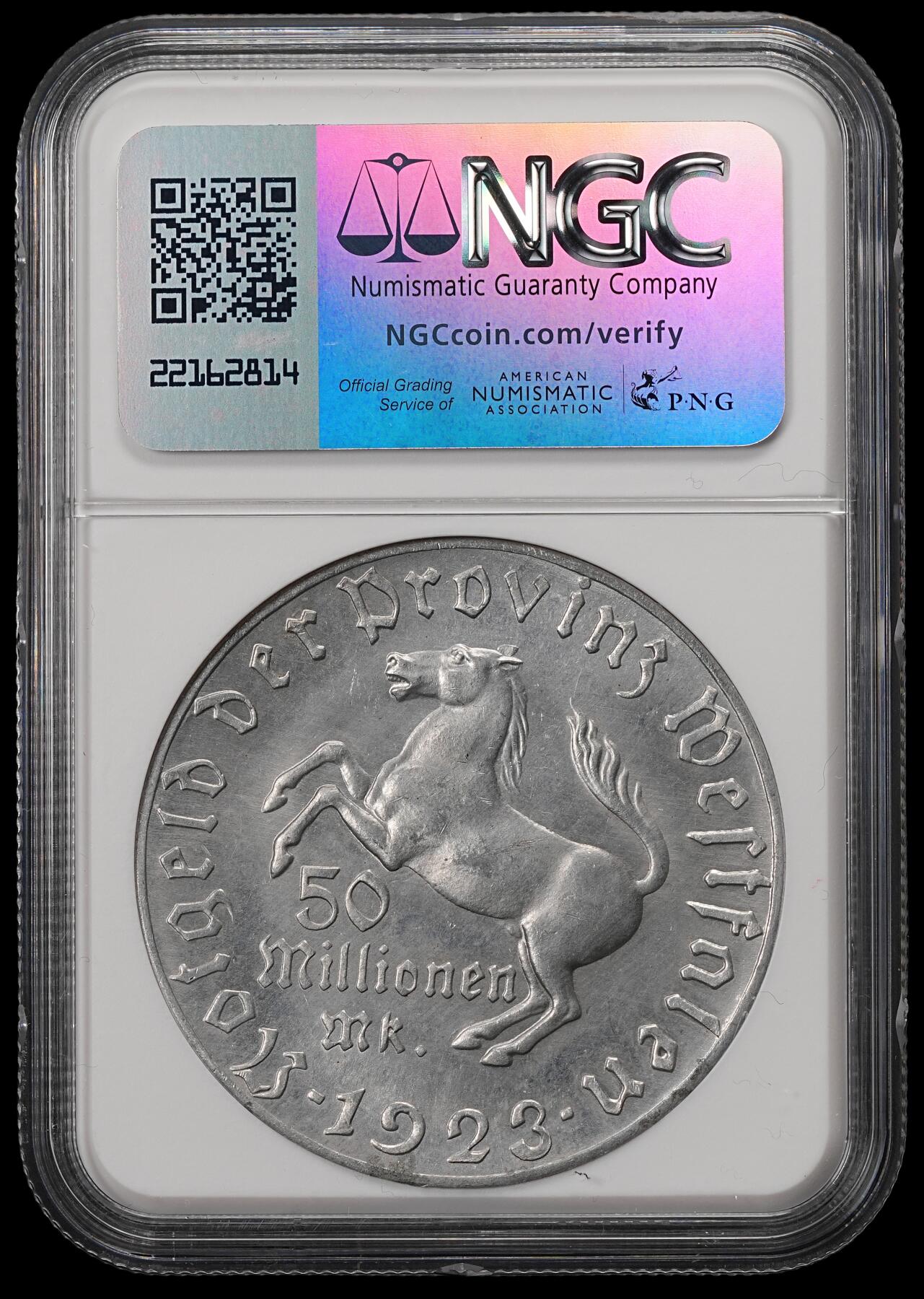 修遠堂世界钱币第五十六期 全场包邮 蛇年首拍 NGC MS64 1923年德国紧急时期威斯特法伦5000万马克铝马币 大型