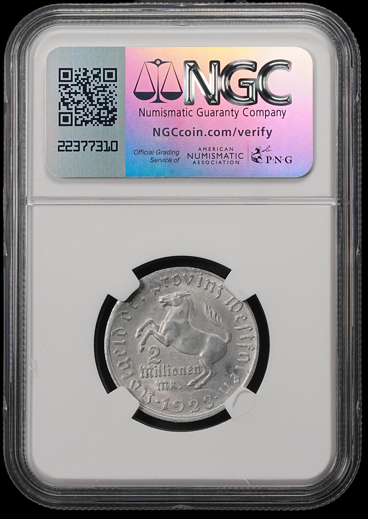 修遠堂世界钱币第五十六期 全场包邮 蛇年首拍 NGC MS63 1923年德国紧急时期威斯特法伦200万马克铝马币
