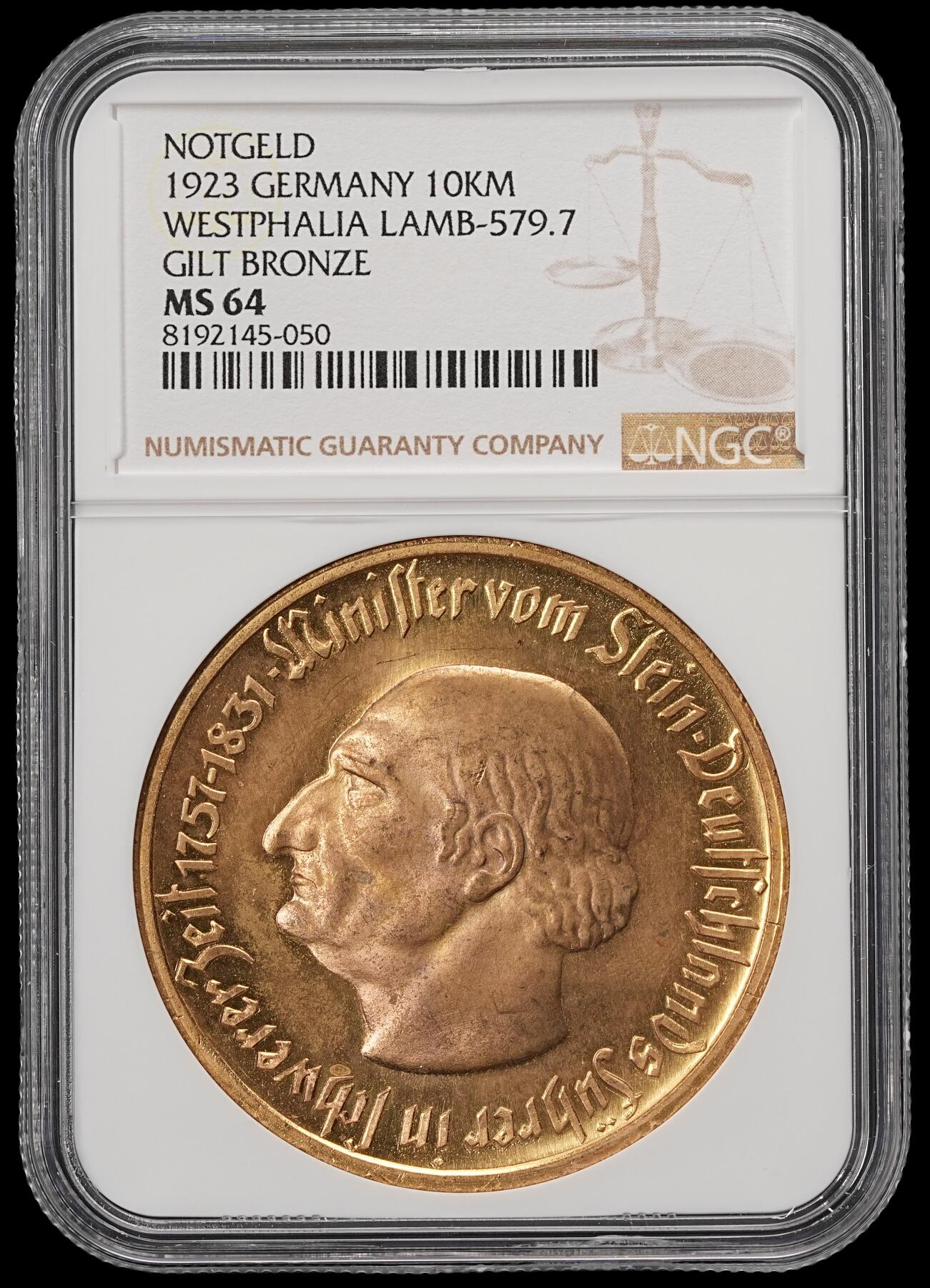 修遠堂世界钱币第五十六期 全场包邮 蛇年首拍 NGC MS64 1923年德国紧急时期威斯特法伦1万马克铜鎏金大马币