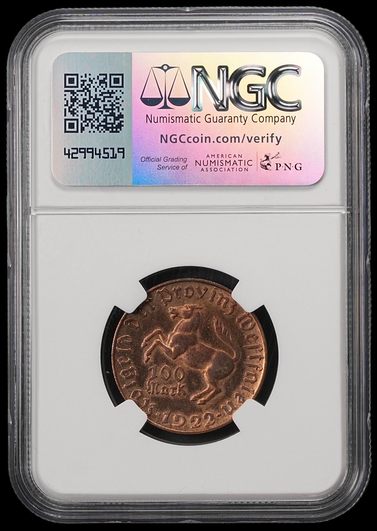 修遠堂世界钱币第五十六期 全场包邮 蛇年首拍 NGC MS63RB 1922年德国紧急时期威斯特法伦100马克铜马币