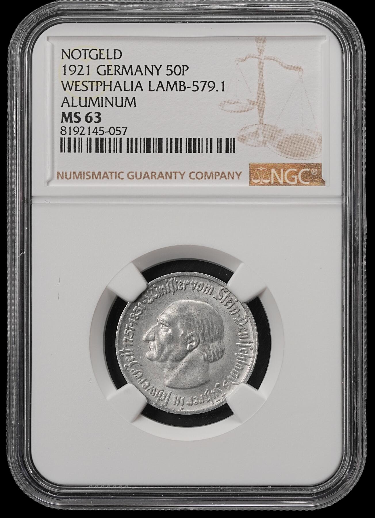 修遠堂世界钱币第五十六期 全场包邮 蛇年首拍 NGC MS63 1921年德国紧急时期威斯特法伦50芬尼铝马币