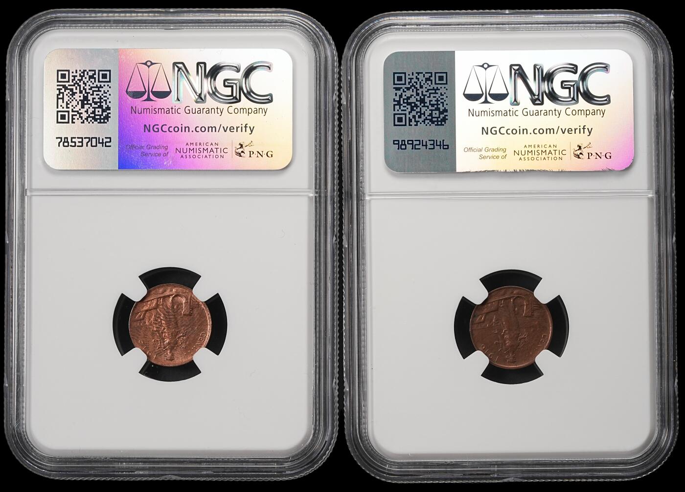 修遠堂世界钱币第五十六期 全场包邮 蛇年首拍 NGC评级 意大利1分铜币两枚