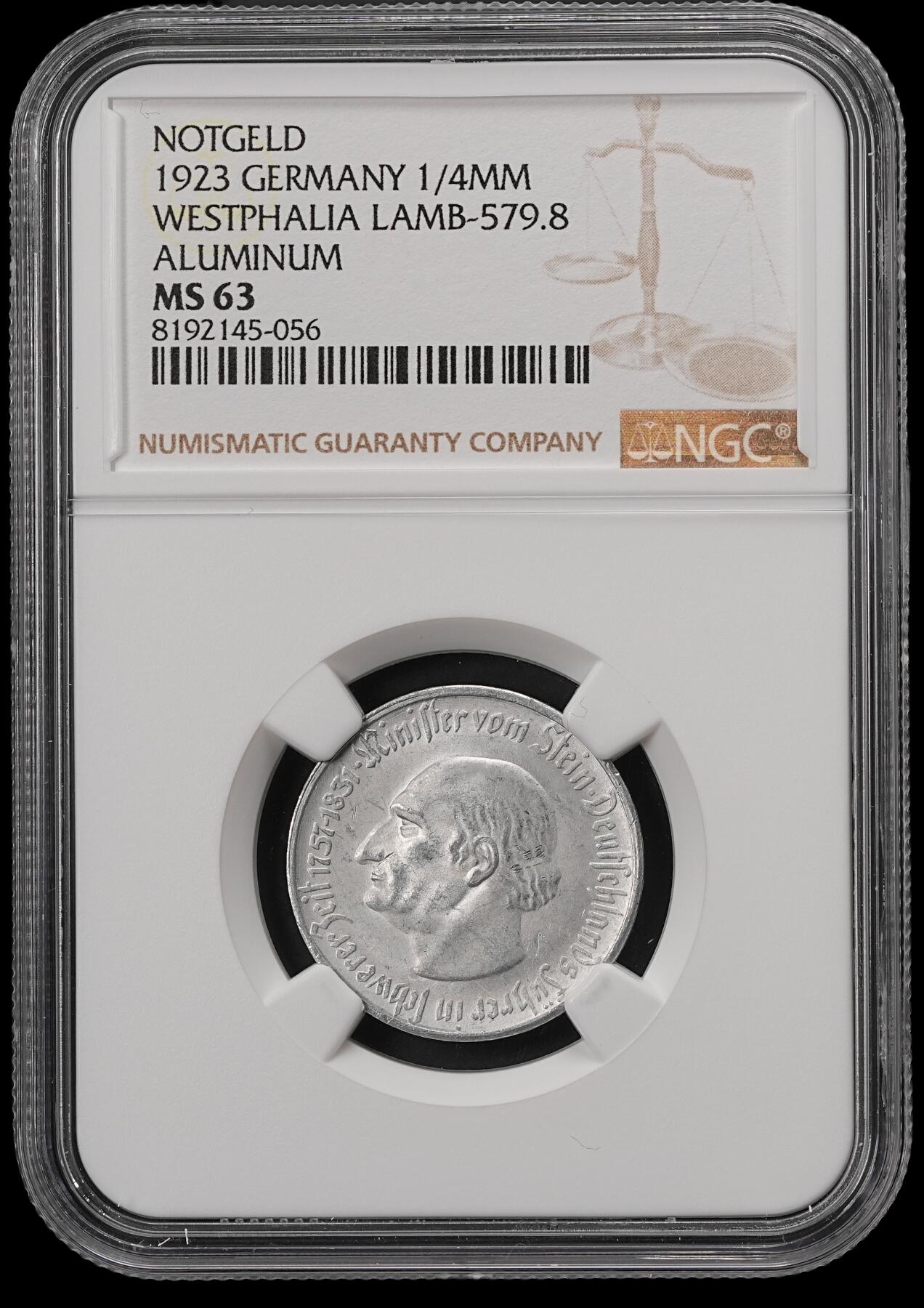 修遠堂世界钱币第五十六期 全场包邮 蛇年首拍 NGC MS63 1923年德国紧急时期威斯特法伦25万马克铝马币