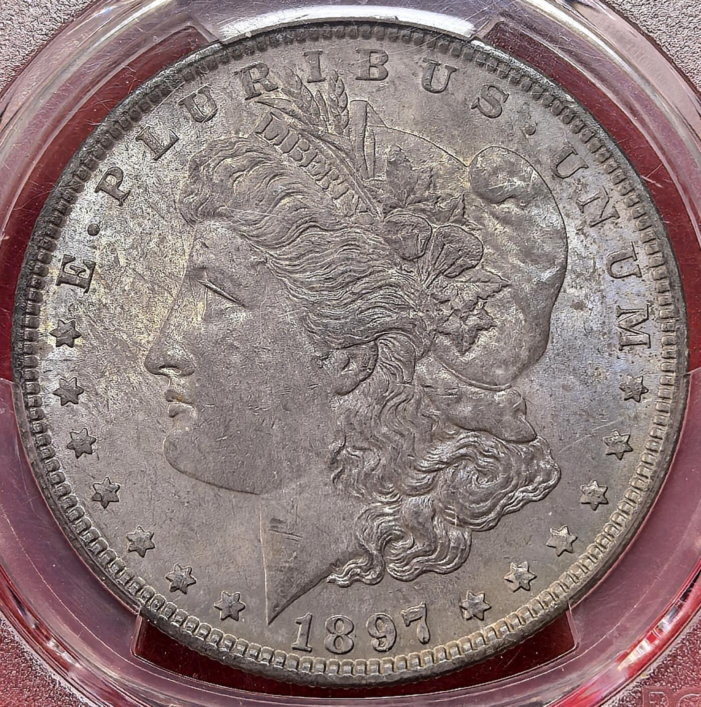 迎新专场，年货大集！凡希社世界钱币微拍第二百九十六期 1897美国摩根壹元PCGS-MS63，柔和的紫金淡彩，底板极好！