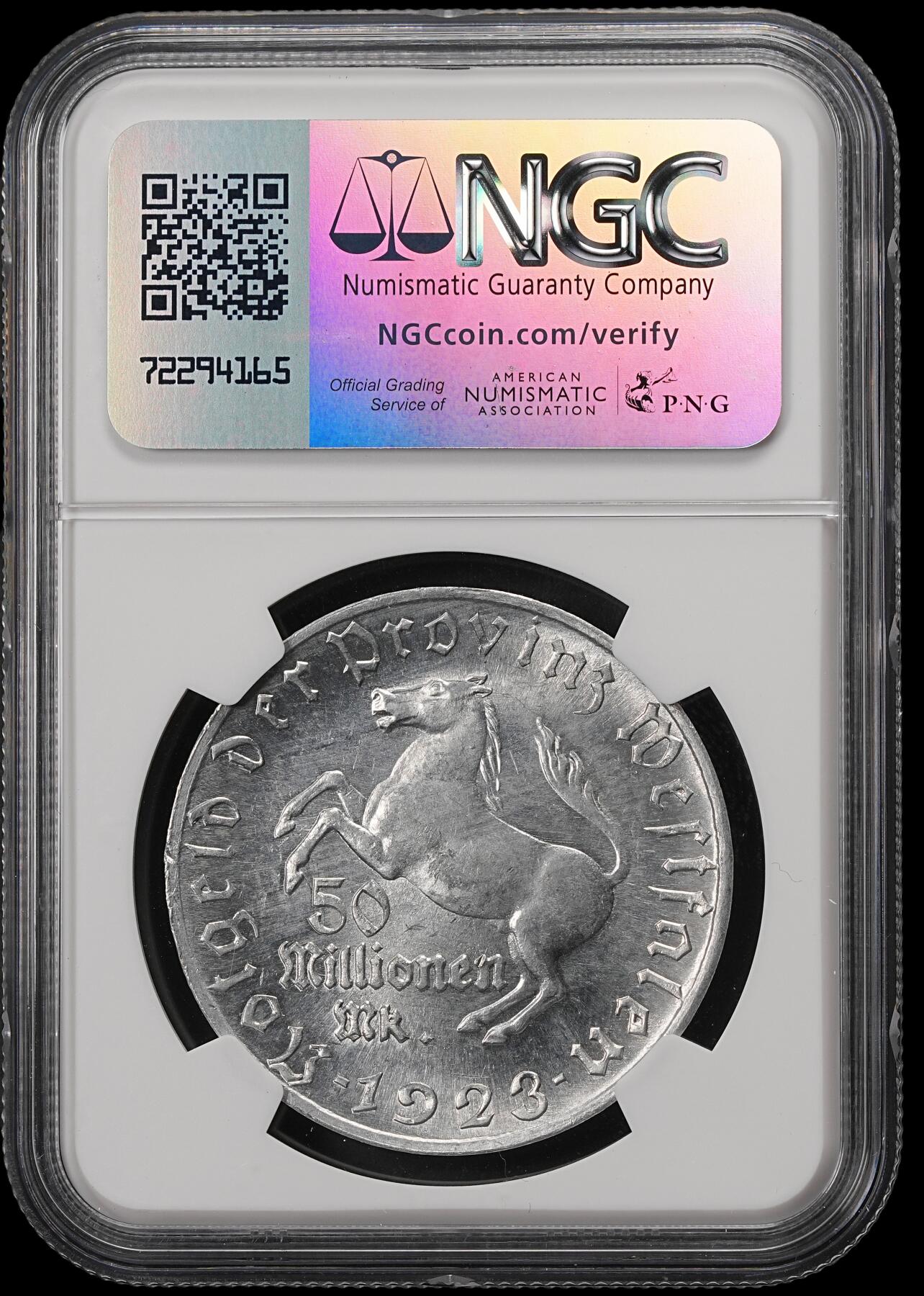 修遠堂世界钱币第五十六期 全场包邮 蛇年首拍 NGC MS62 1923年德国紧急时期威斯特法伦5000万马克铝马币 小型