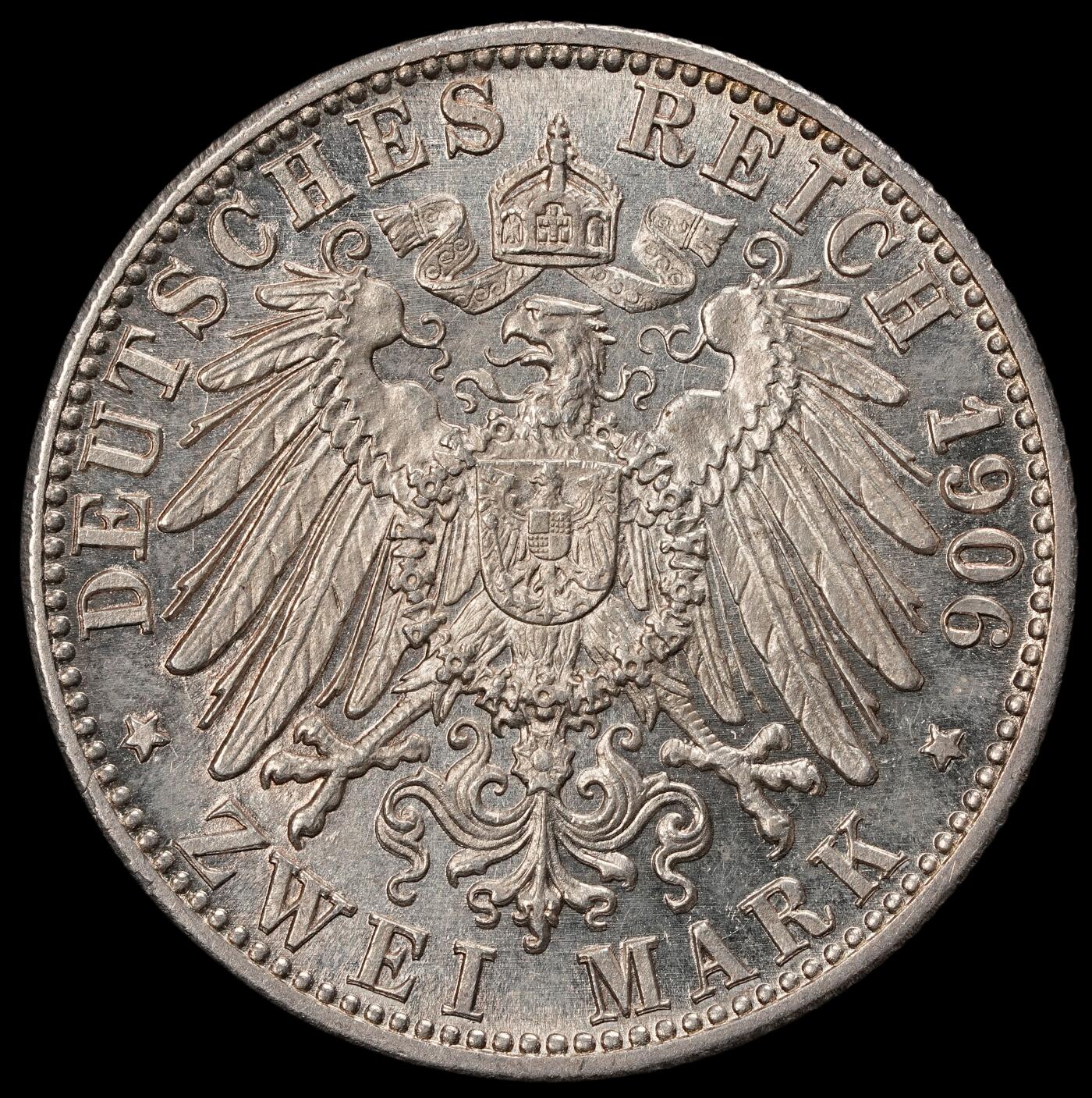 修遠堂世界钱币第五十六期 全场包邮 蛇年首拍 1906年巴登大公金婚纪念2马克银币 11.06g