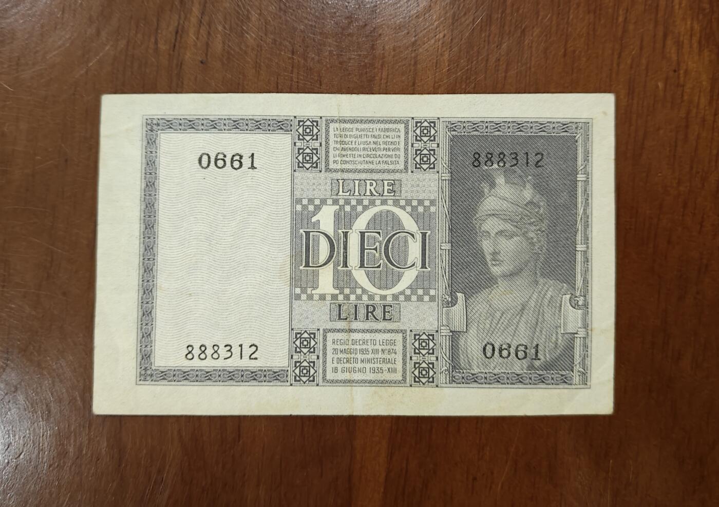欧洲意大利1939年10里拉纸币流通品原票888312品如图