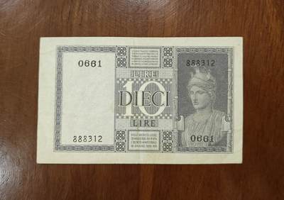 欧洲意大利1939年10里拉纸币流通品原票888312品如图 欧洲意大利1939年10里拉纸币流通品原票888312品如图