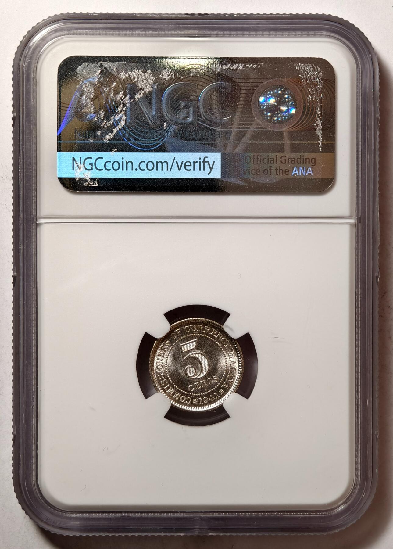 紫瑗钱币——第502期 马来亚 1941年 i版 乔治六世 5分 银币 NGC MS63