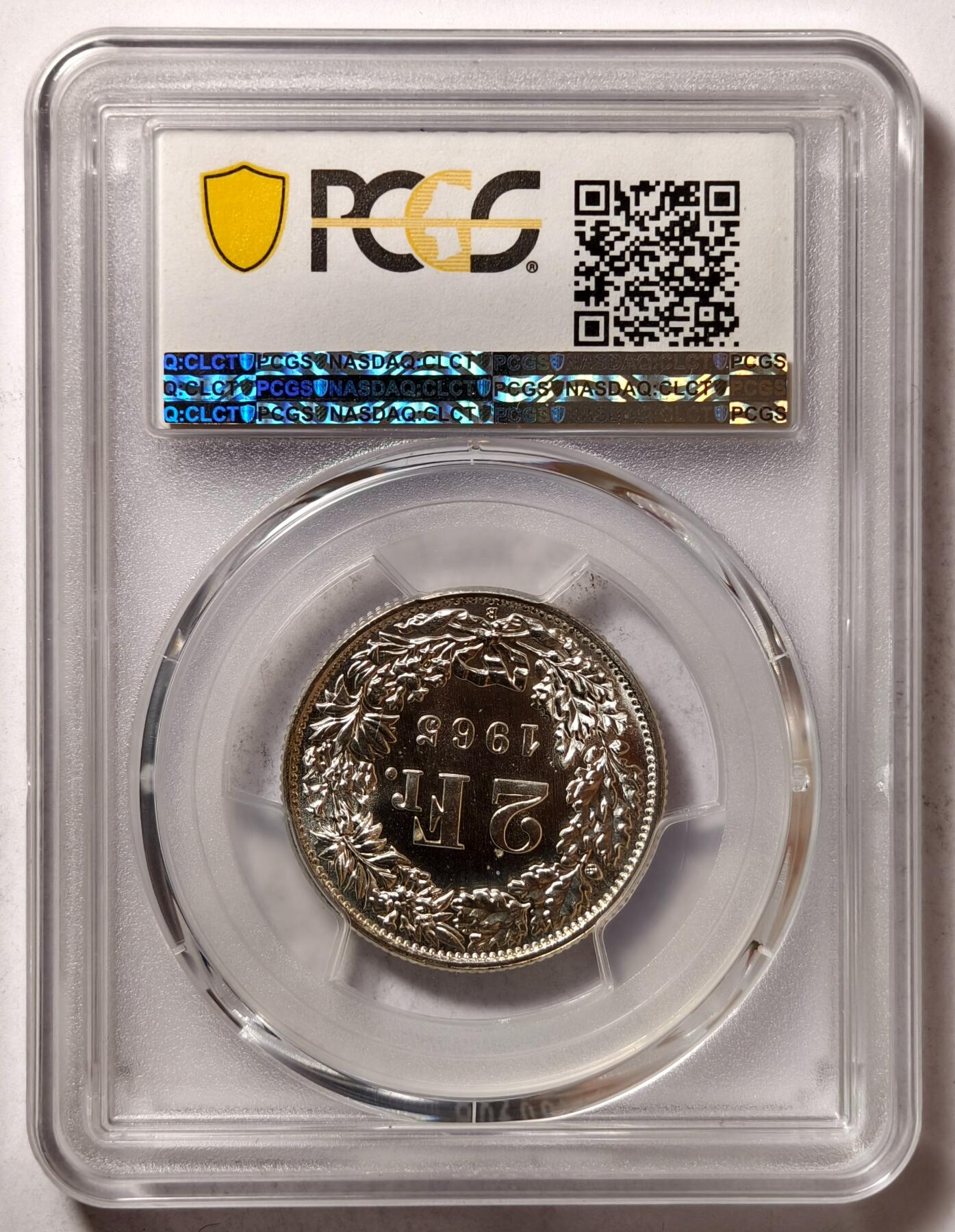 紫瑗钱币——第502期 瑞士 1965年 B版 赫尔维蒂亚 2法郎 银币 PCGS MS67 高分