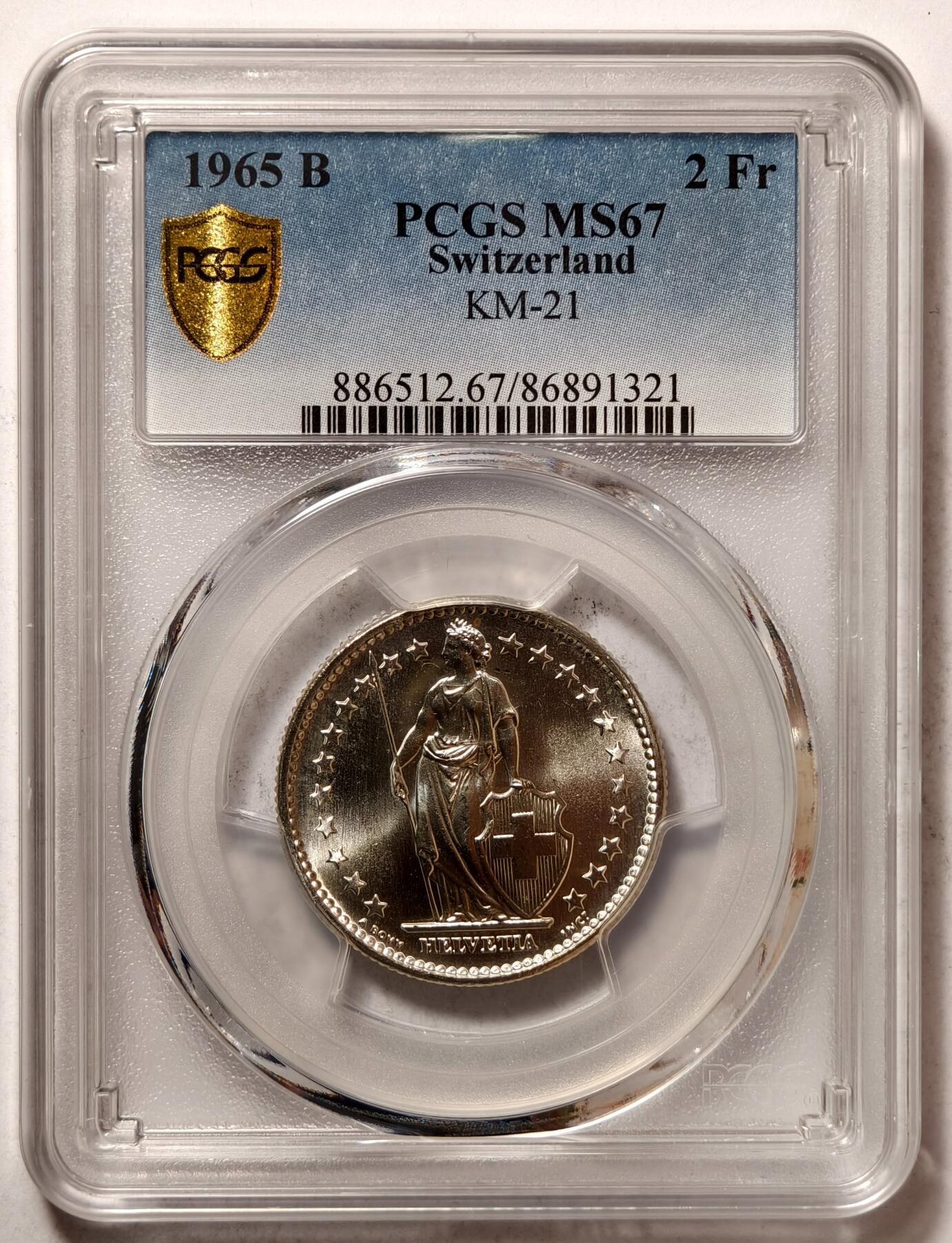 紫瑗钱币——第504期 瑞士 1965年 B版 赫尔维蒂亚 2法郎 银币 PCGS MS67 高分