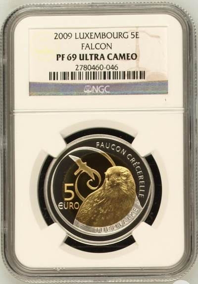 S&S Numismatic世界钱币-拍卖 第114期  - 卢森堡2009年 卢森堡的动植物群 – 猎鹰塔 5欧元北欧金+925银双色精制纪念币 NGC PF69UC