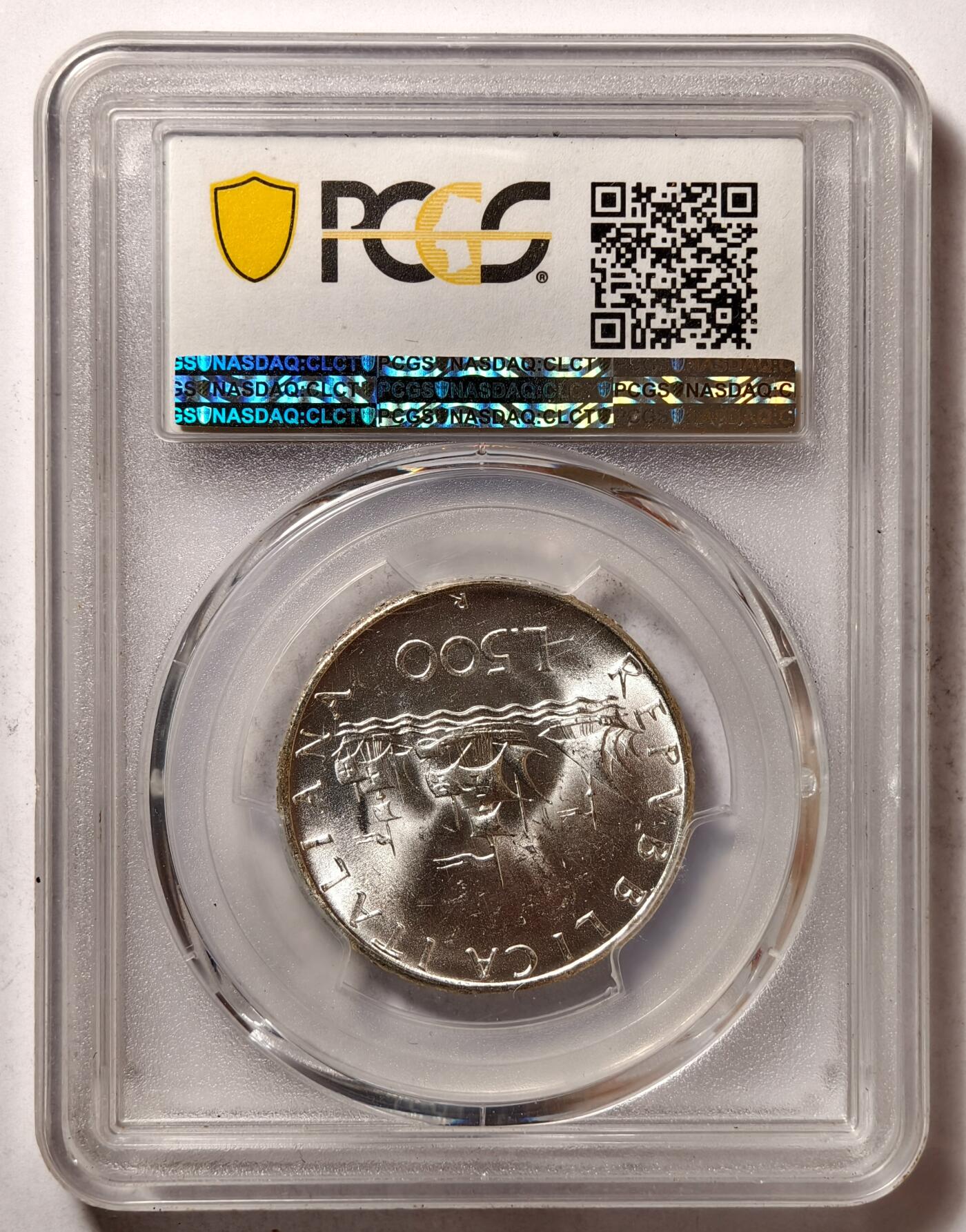 紫瑗钱币——第502期 意大利 1966年 R版 少女与帆船 500里拉 银币 PCGS MS65