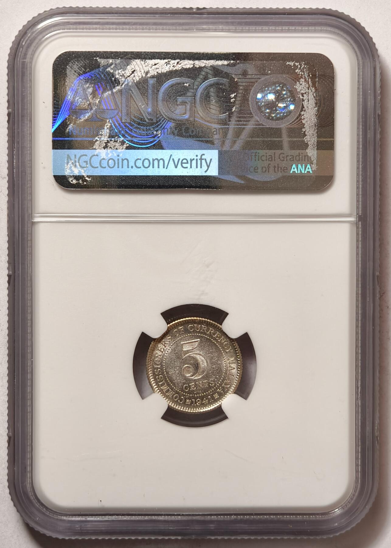 紫瑗钱币——第504期 马来亚 1941年 i版 乔治六世 5分 银币 NGC MS62