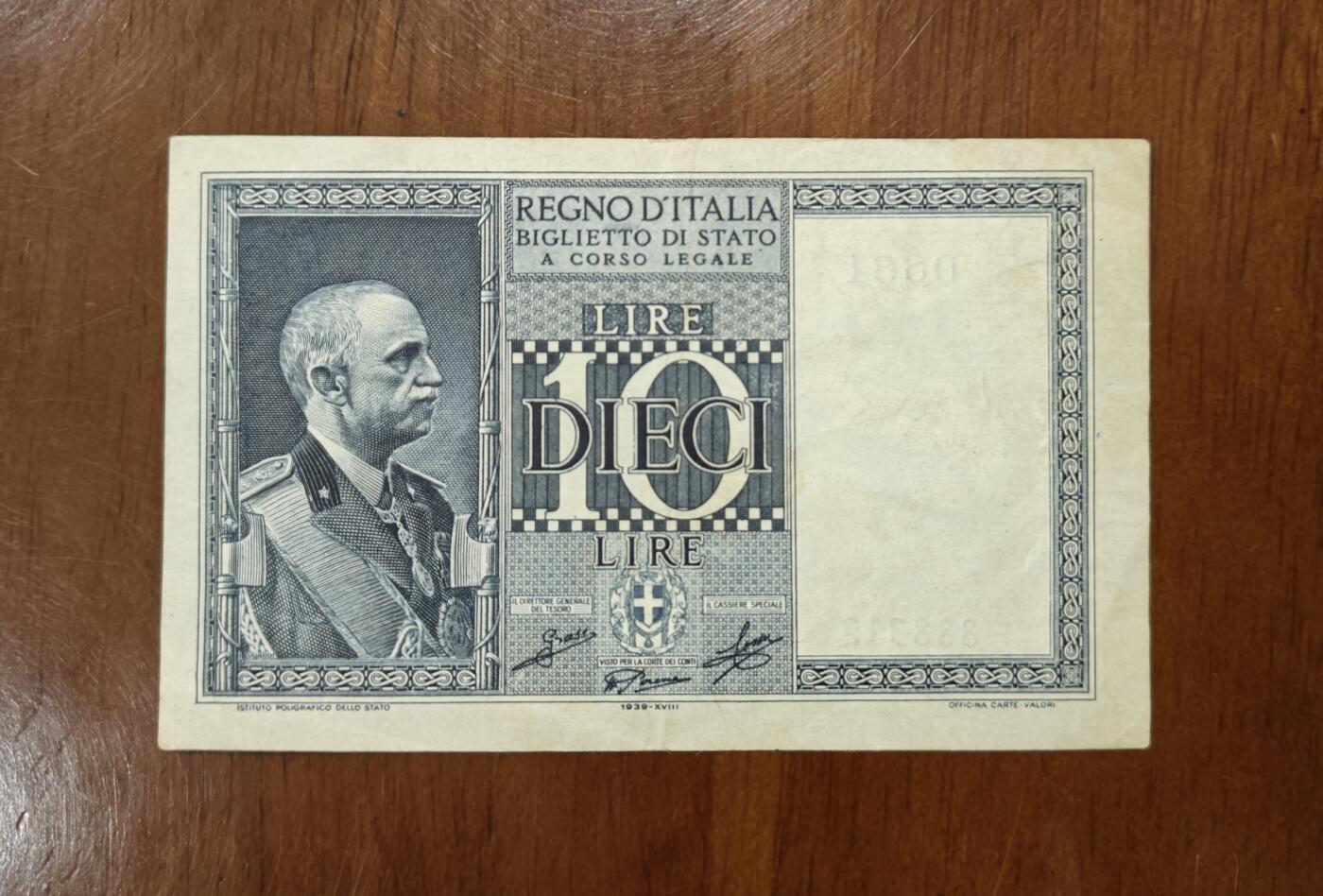 欧洲意大利1939年10里拉纸币流通品原票888312品如图