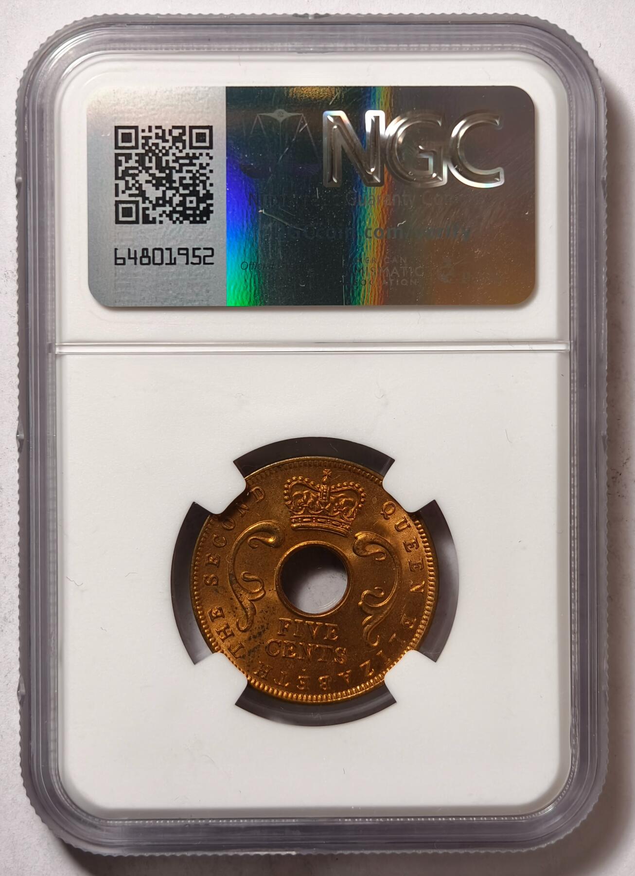 紫瑗钱币——第502期 英属东非 1956年 H版 伊丽莎白二世 5分 红铜币 NGC MS64 RB