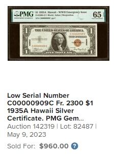 【Blue Auction】✨世界纸币精拍第614期（年前最后一场）  【285小号 百位号少见】美国 1935年1美金 夏威夷券 PMG66EPQ 