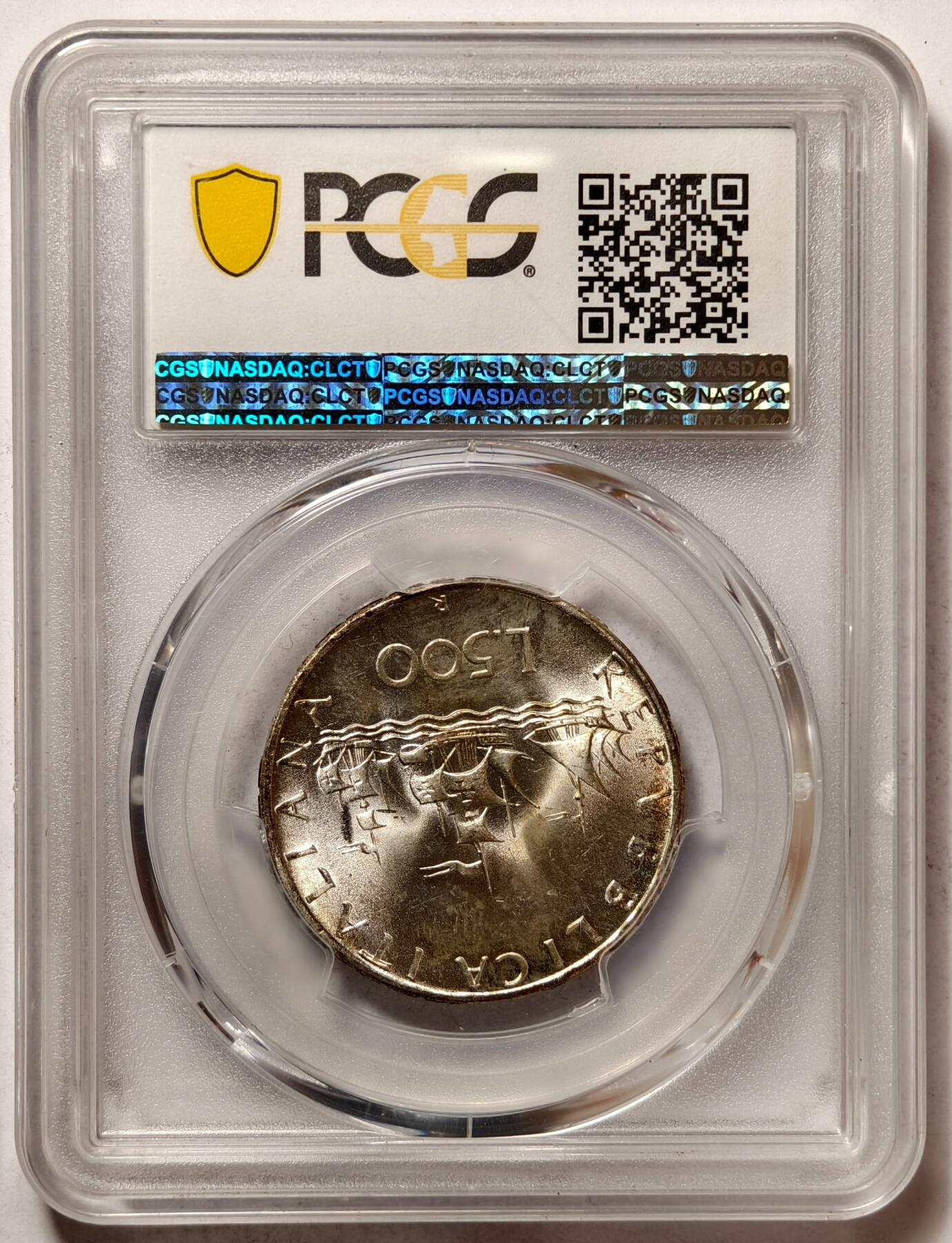 紫瑗钱币——第504期 意大利 1966年 R版 少女与帆船 500里拉 银币 PCGS MS65