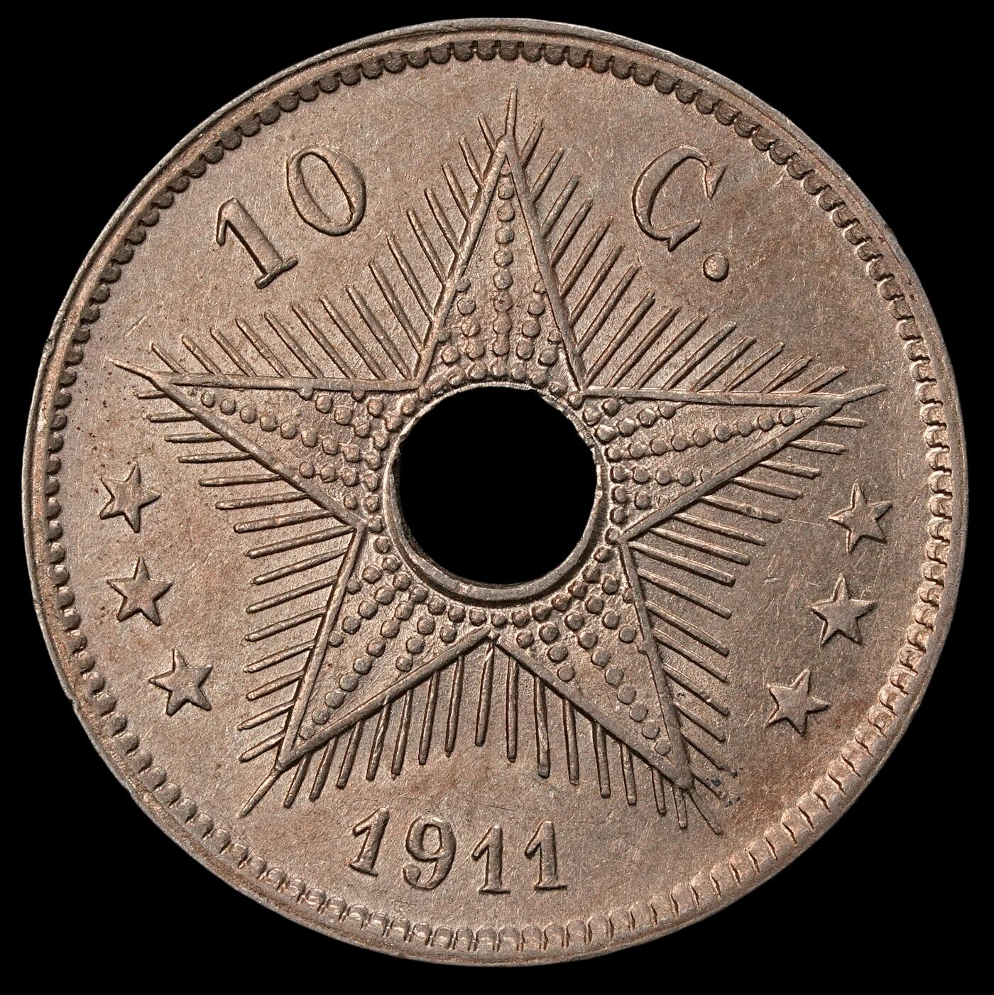 修遠堂世界钱币第五十六期 全场包邮 蛇年首拍 1911年比属刚果中孔10分 带光