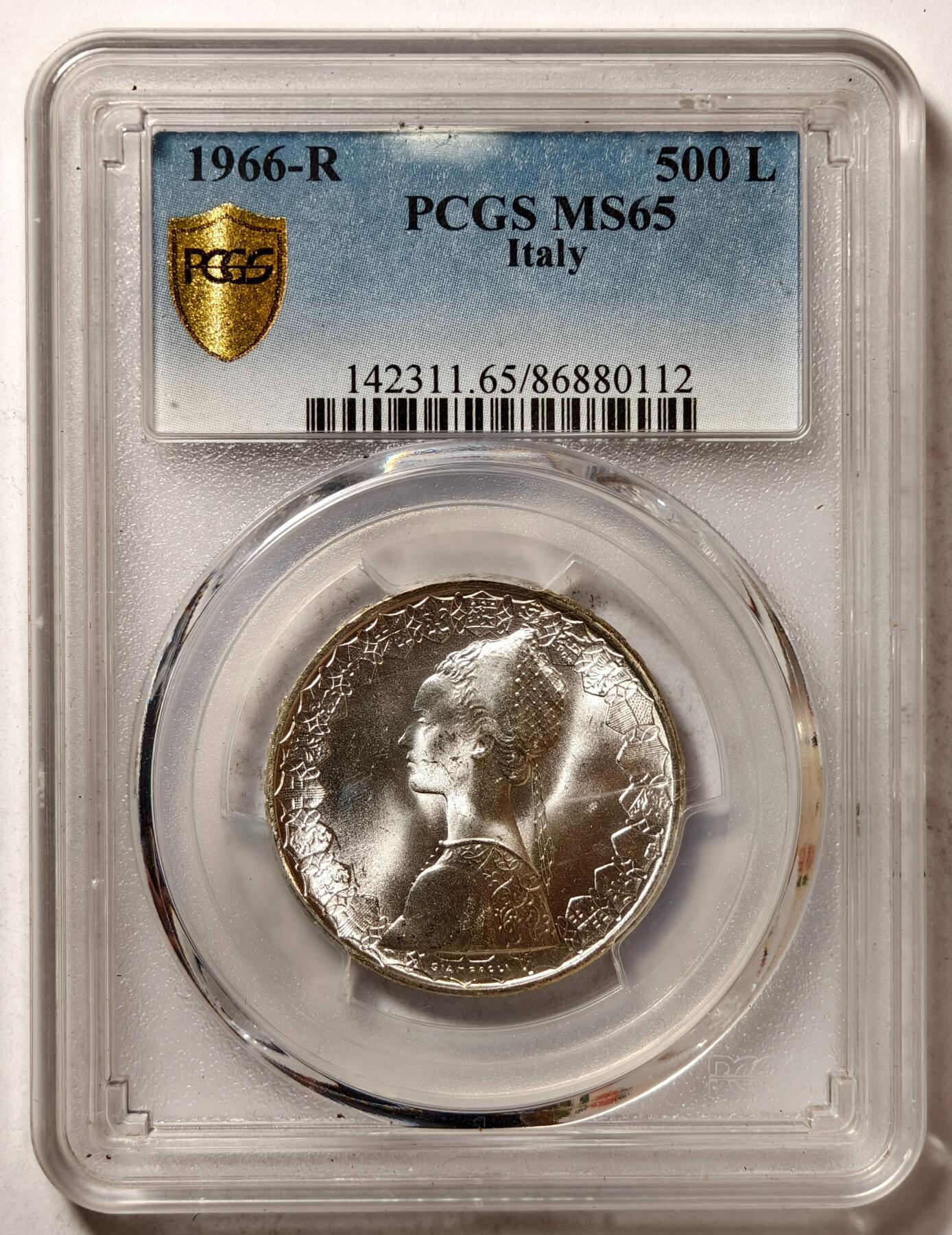 紫瑗钱币——第502期 意大利 1966年 R版 少女与帆船 500里拉 银币 PCGS MS65