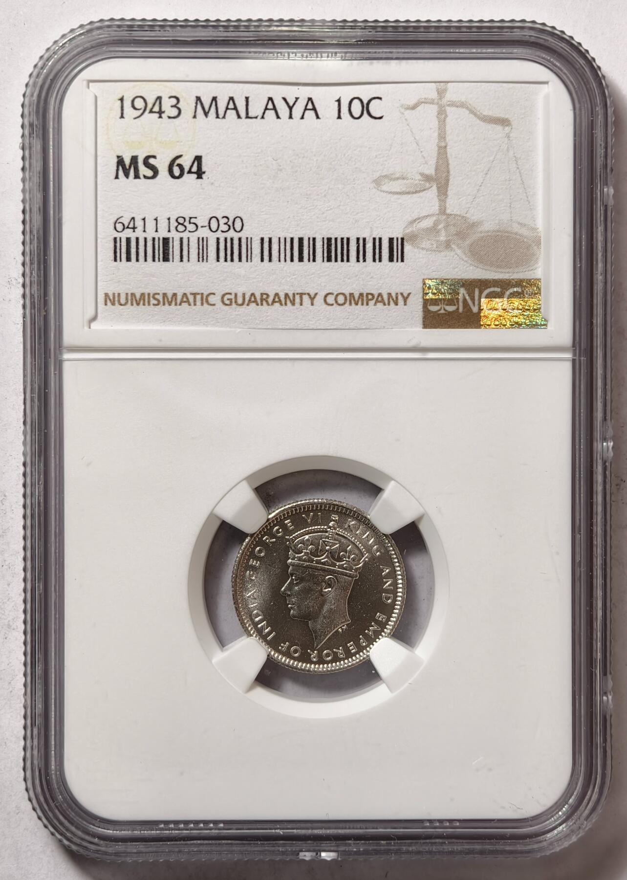 紫瑗钱币——第502期 马来亚 1943年 乔治六世 10分 银币 NGC MS64