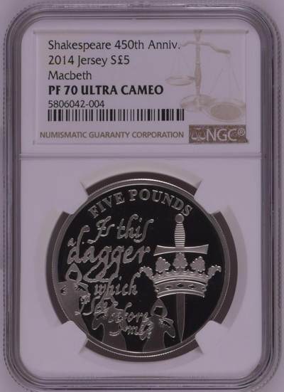 S&S Numismatic世界钱币-拍卖 第114期  - 泽西岛2014年 威廉·莎士比亚诞辰450周年-麦克白 5银币精制纪念银币 NGC PF70UC冠军分