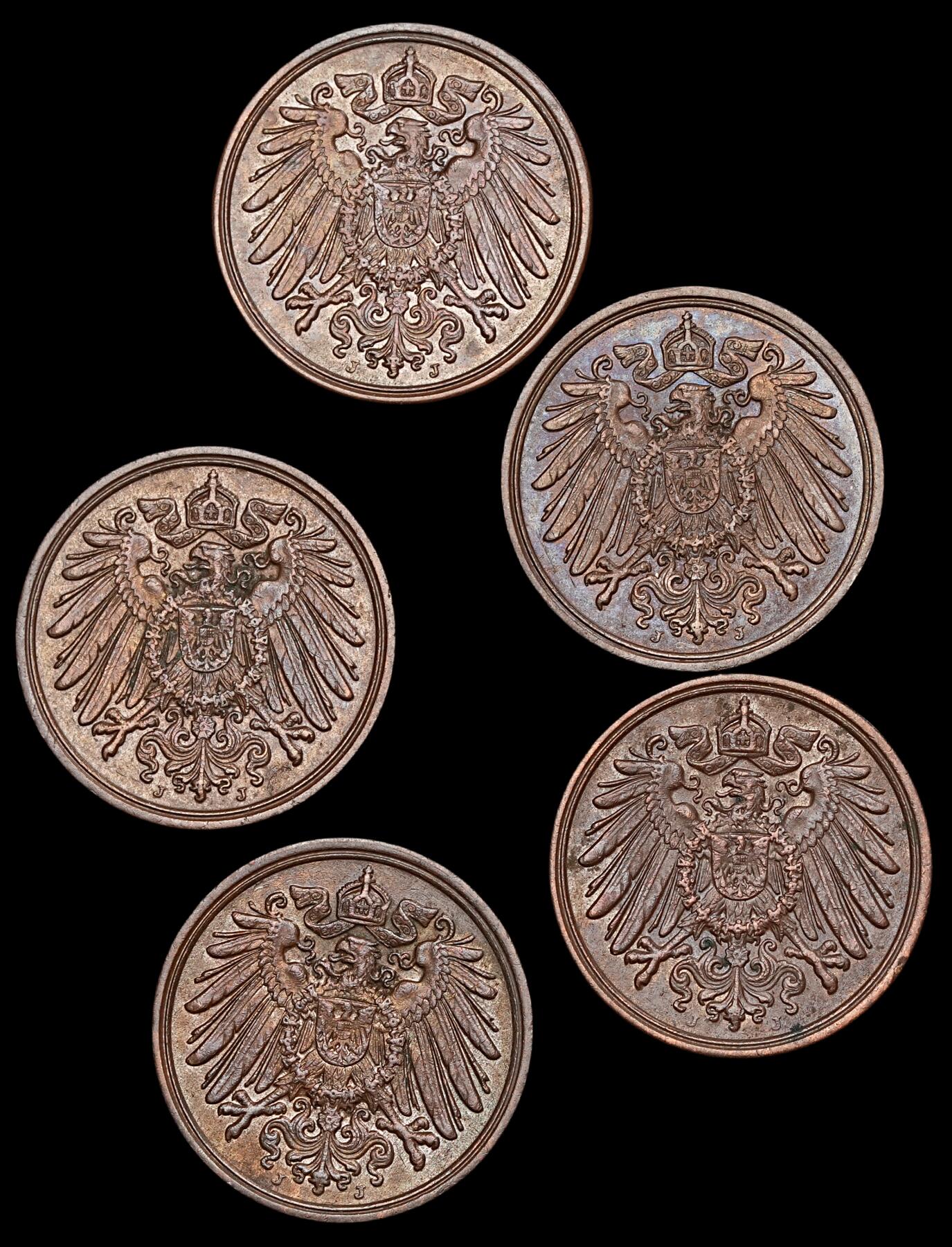 修遠堂世界钱币第五十六期 全场包邮 蛇年首拍 1892年德国1芬尼铜币一组 J厂铭 AU品相 较少厂铭 书价XF品40美金
