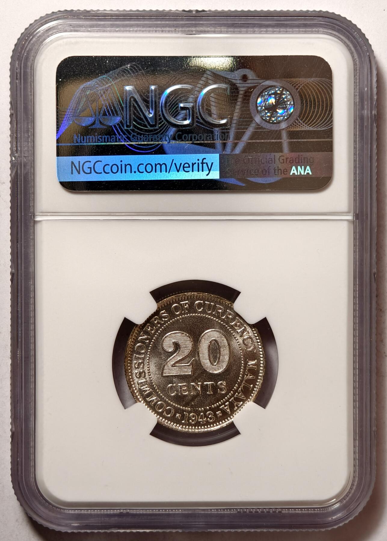 紫瑗钱币——第504期 马来亚 1943年 乔治六世 20分 银币 NGC MS66