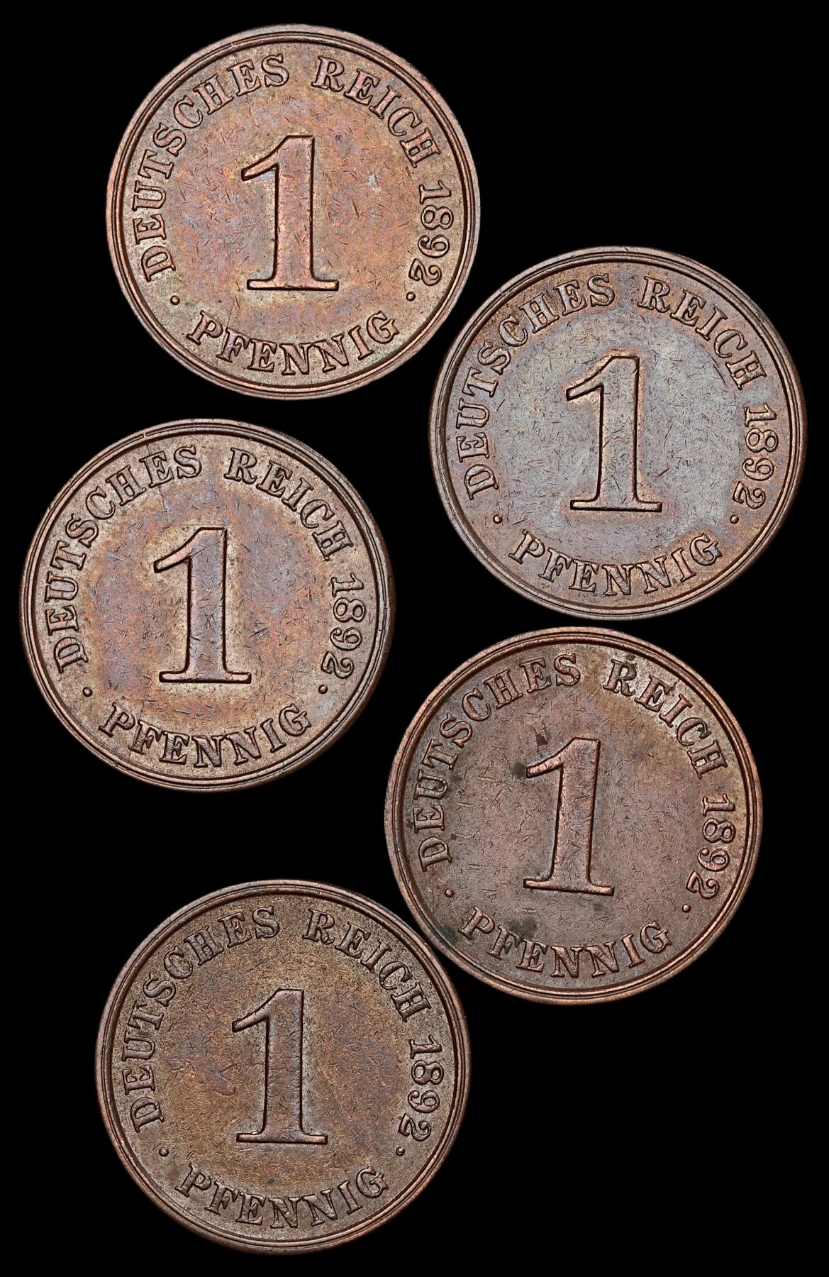 修遠堂世界钱币第五十六期 全场包邮 蛇年首拍 1892年德国1芬尼铜币一组 J厂铭 AU品相 较少厂铭 书价XF品40美金