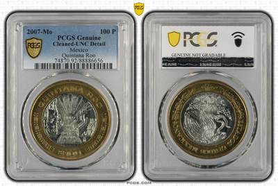 S&S Numismatic世界钱币-拍卖 第114期  - 墨西哥2007年 联邦成立180周年-金塔纳罗奥 100比索双色纪念币（中圈镶嵌925银）PCGS UNC