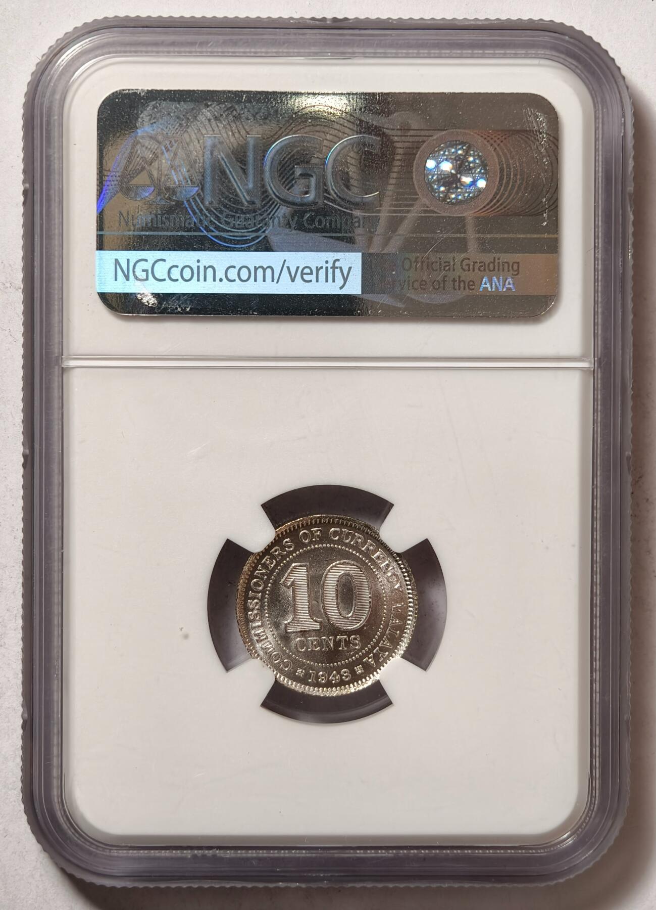紫瑗钱币——第502期 马来亚 1943年 乔治六世 10分 银币 NGC MS64
