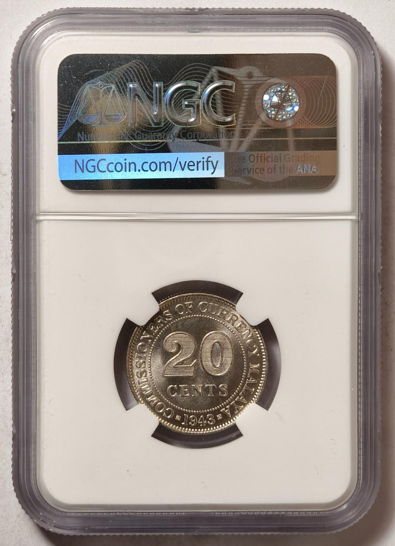紫瑗钱币——第502期 马来亚 1943年 乔治六世 20分 银币 NGC MS66