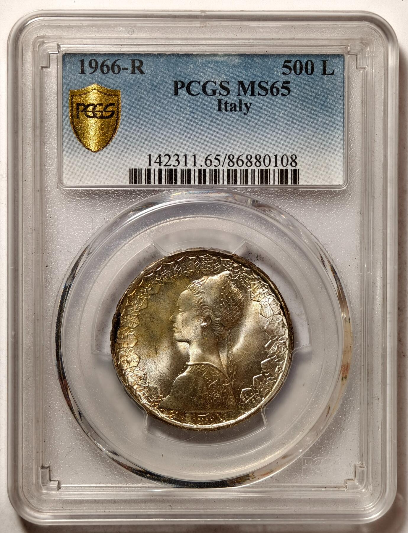 紫瑗钱币——第504期 意大利 1966年 R版 少女与帆船 500里拉 银币 PCGS MS65