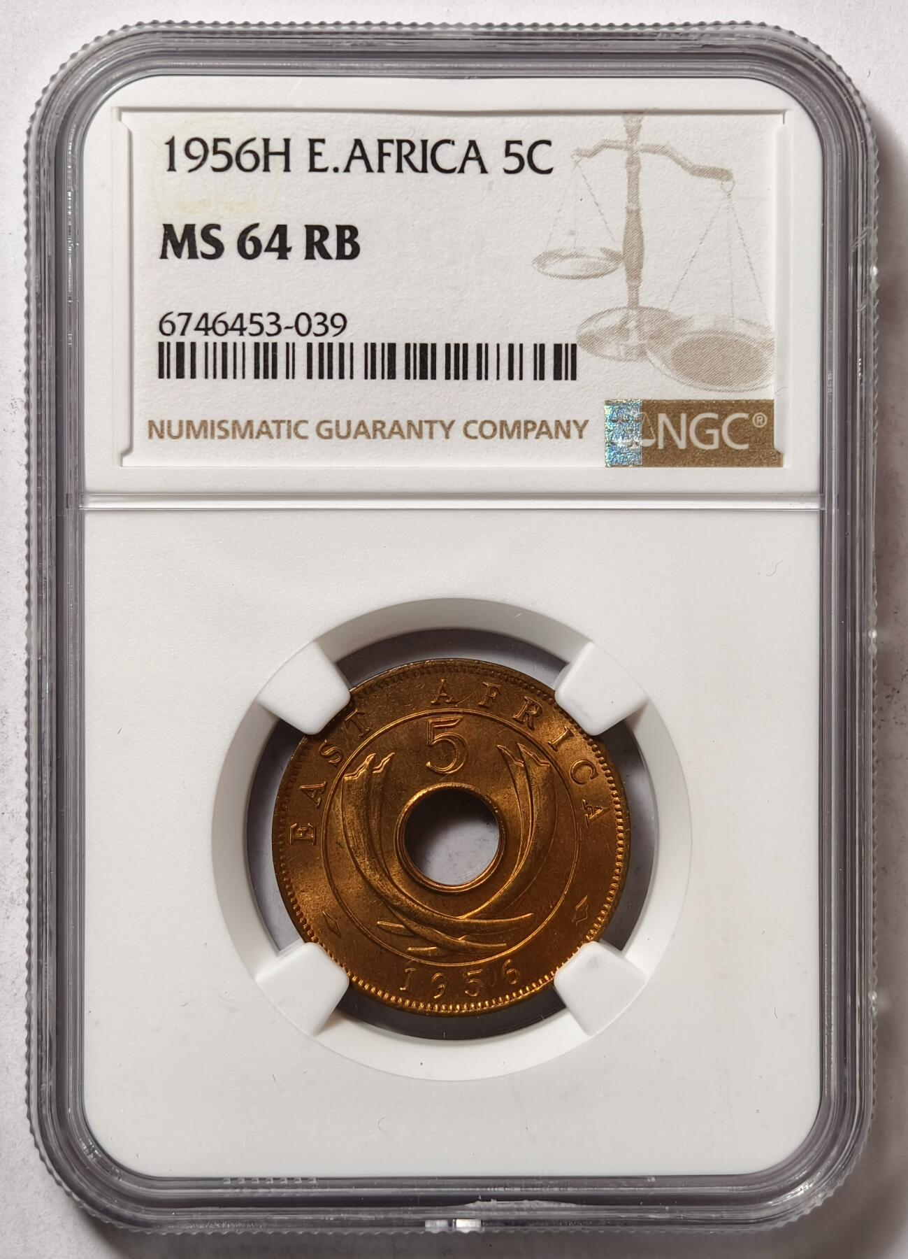 紫瑗钱币——第502期 英属东非 1956年 H版 伊丽莎白二世 5分 红铜币 NGC MS64 RB